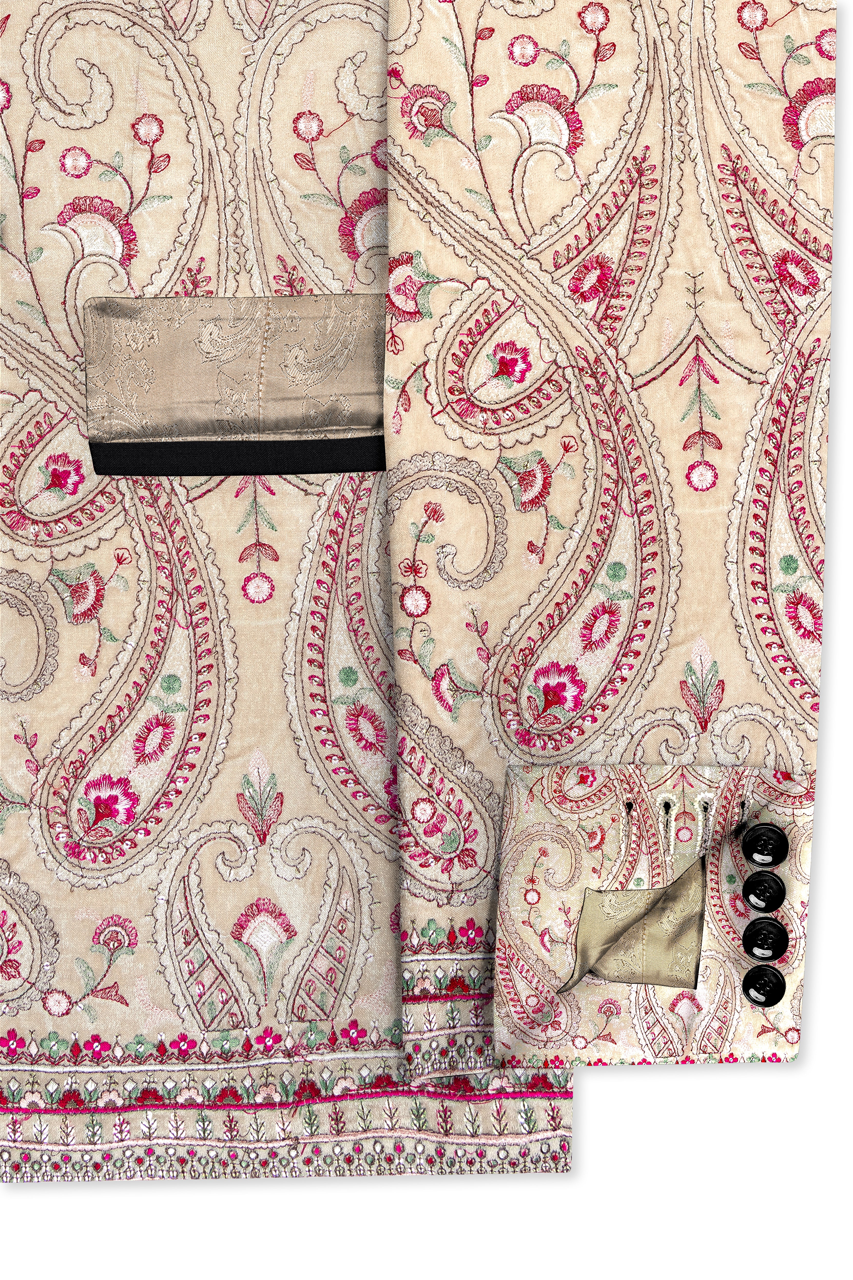 Bisque Brown and Cardinal Pink Floral Thread Embroidered Tuxedo Blazer BL3706-BKL-36, BL3706-BKL-38, BL3706-BKL-40, BL3706-BKL-42, BL3706-BKL-44, BL3706-BKL-46, BL3706-BKL-48, BL3706-BKL-50, BL3706-BKL-52, BL3706-BKL-54, BL3706-BKL-56, BL3706-BKL-58, BL3706-BKL-60
