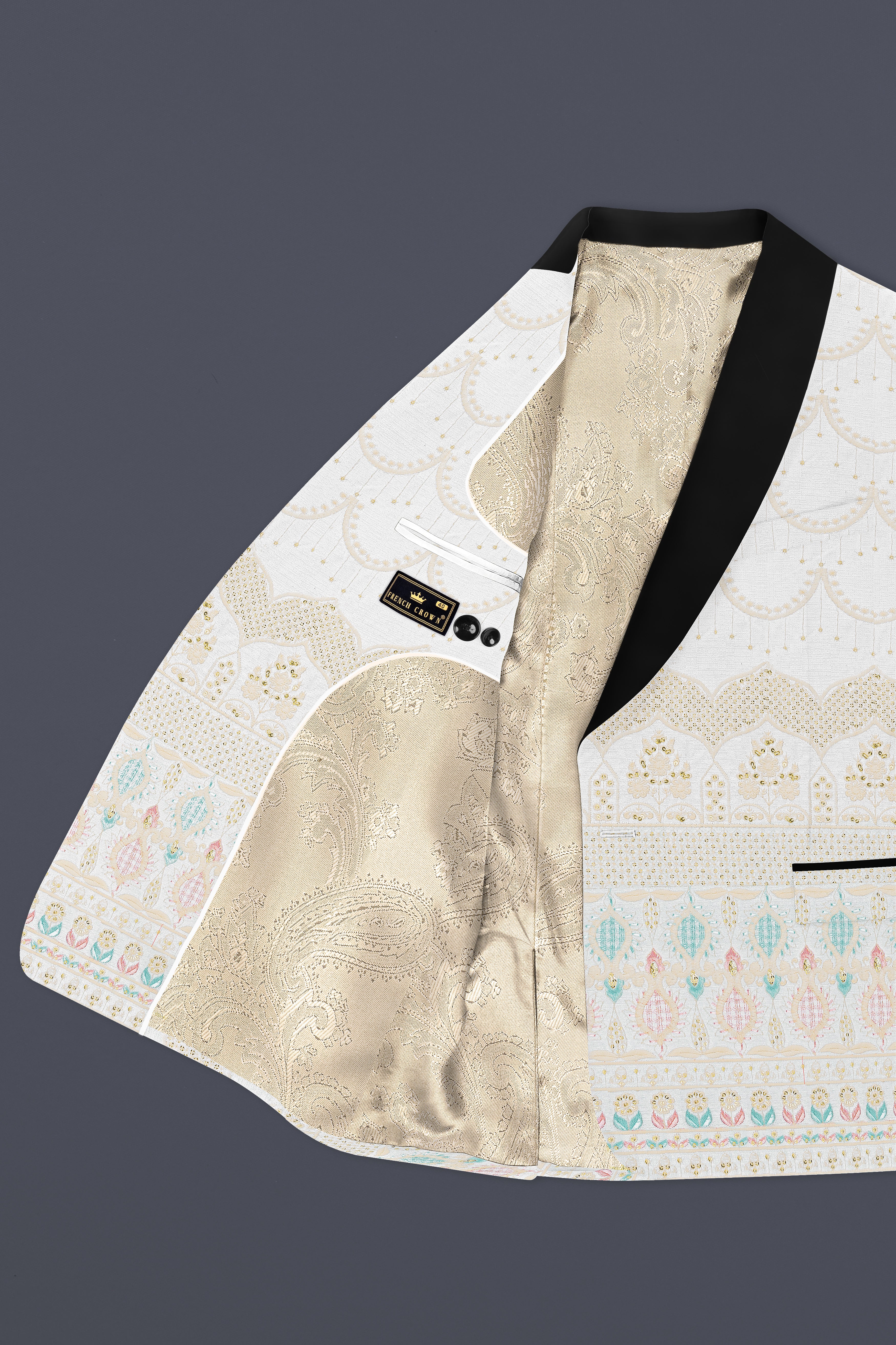 Off White And Oriental Pink Sequins Embroidered Tuxedo Blazer