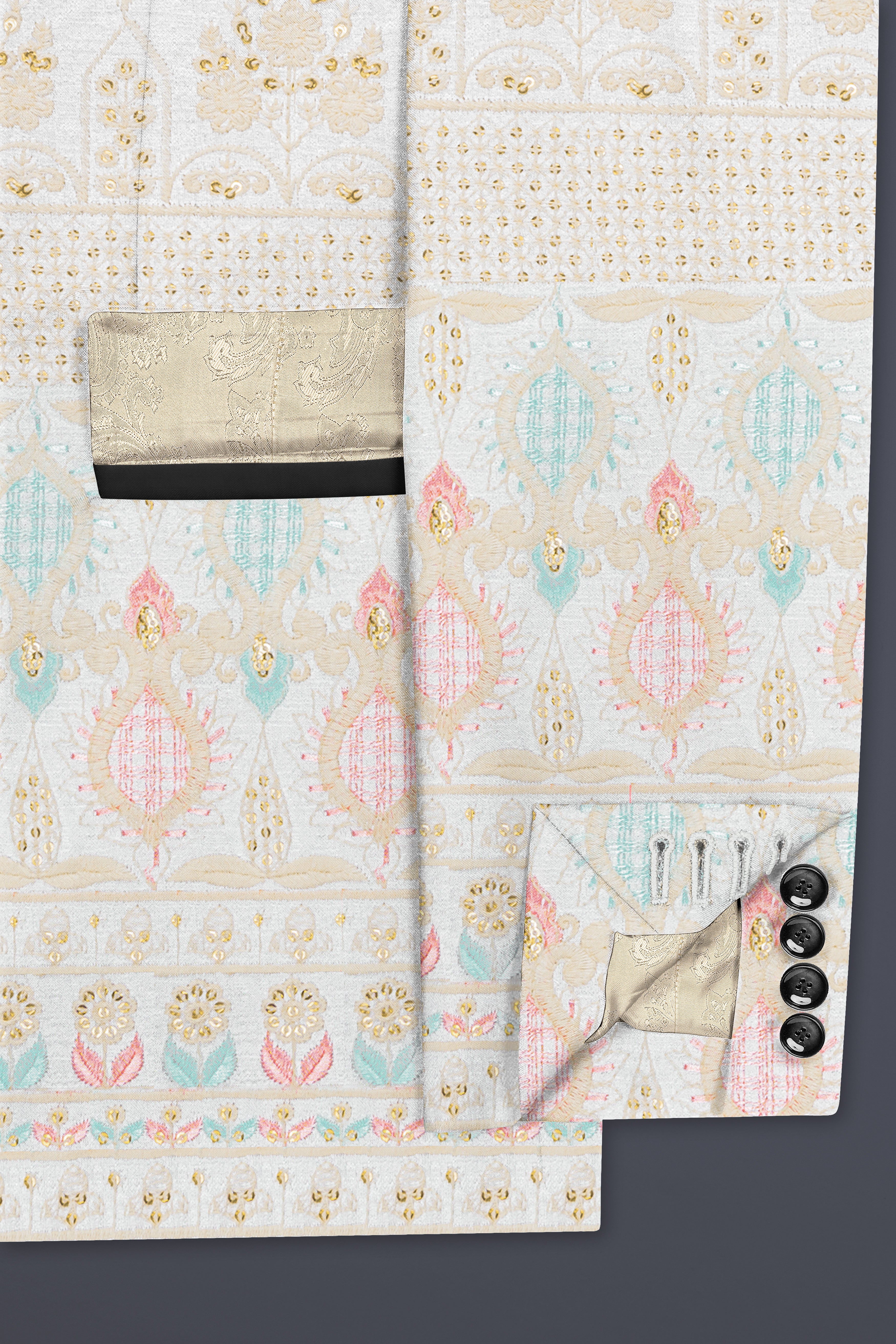 Off White And Oriental Pink Sequins Embroidered Tuxedo Blazer