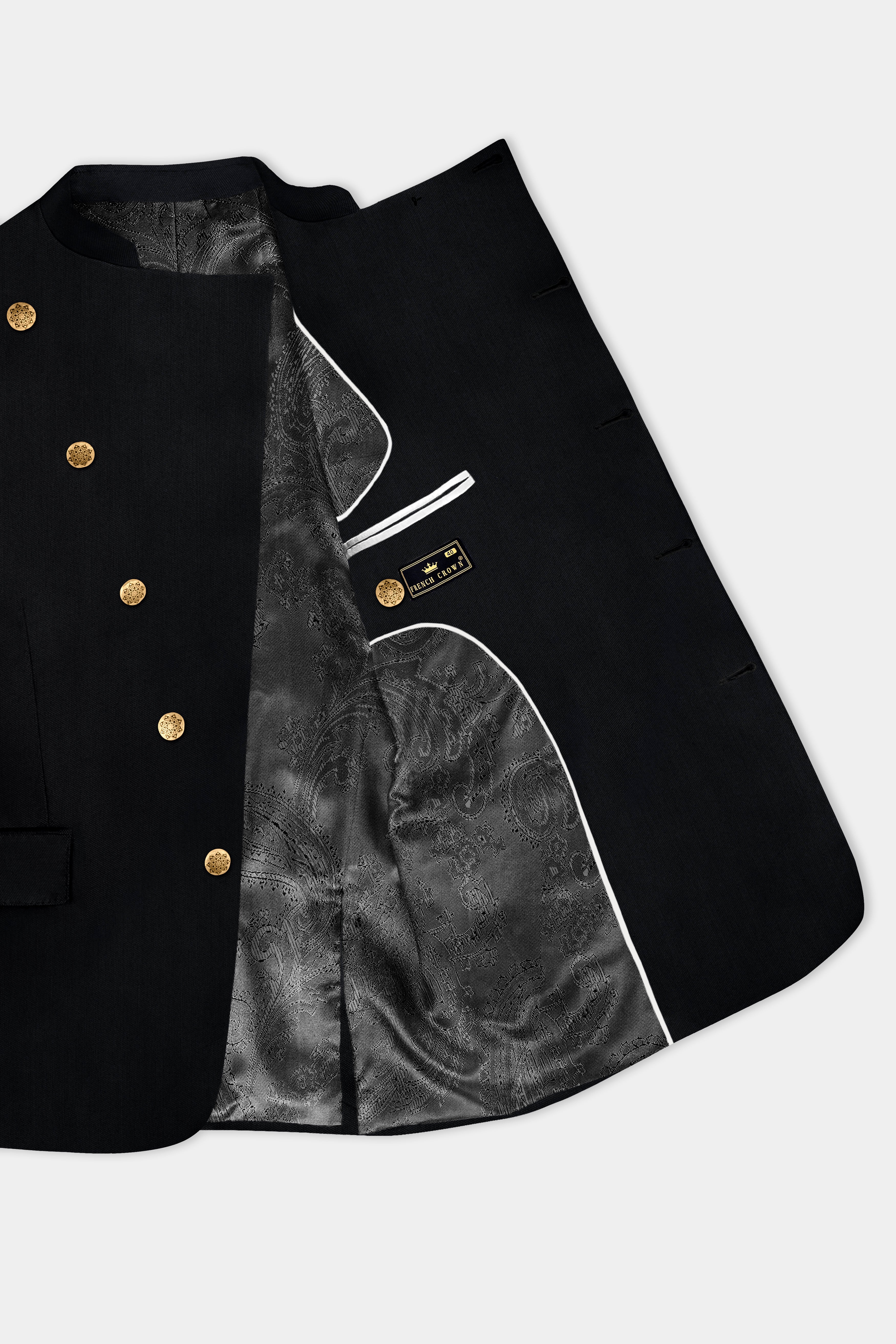 Jade Black Plain Solid Wool Blend Cross Placket Bandhgala Blazer