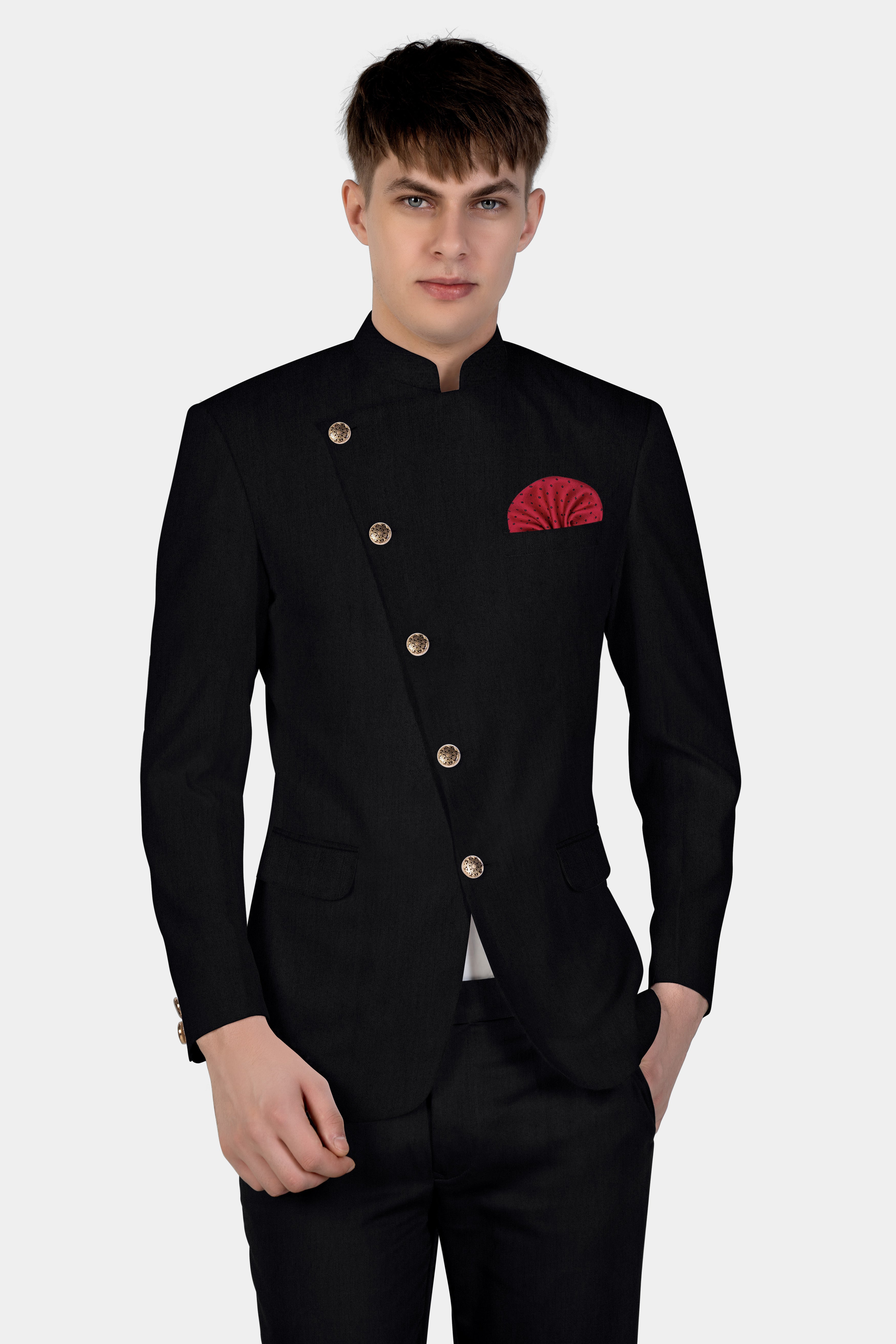Jade Black Plain Solid Wool Blend Cross Placket Bandhgala Blazer