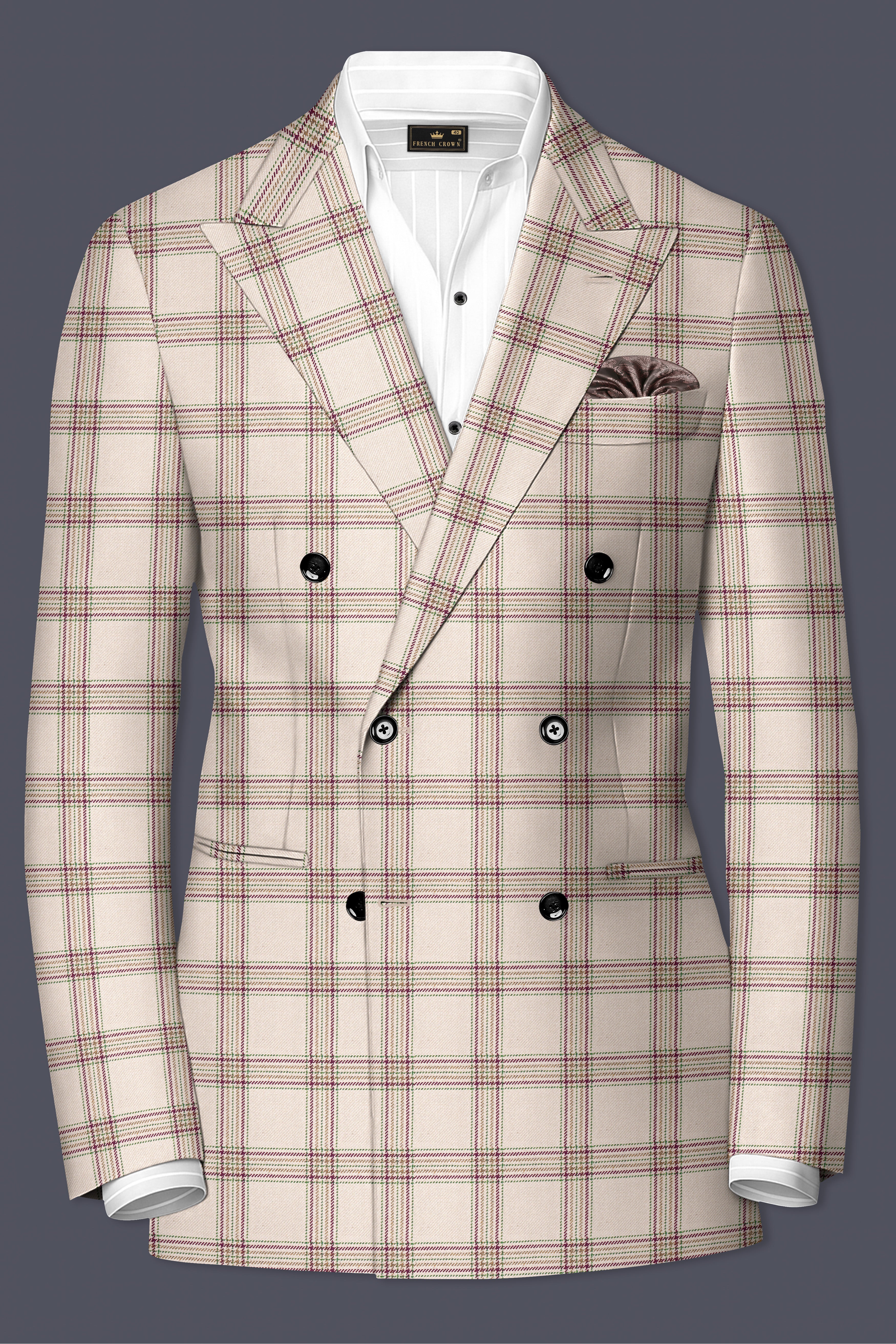 Swirl Cream with Maroon and Green windowpane Tweed Double Breasted Blazer
