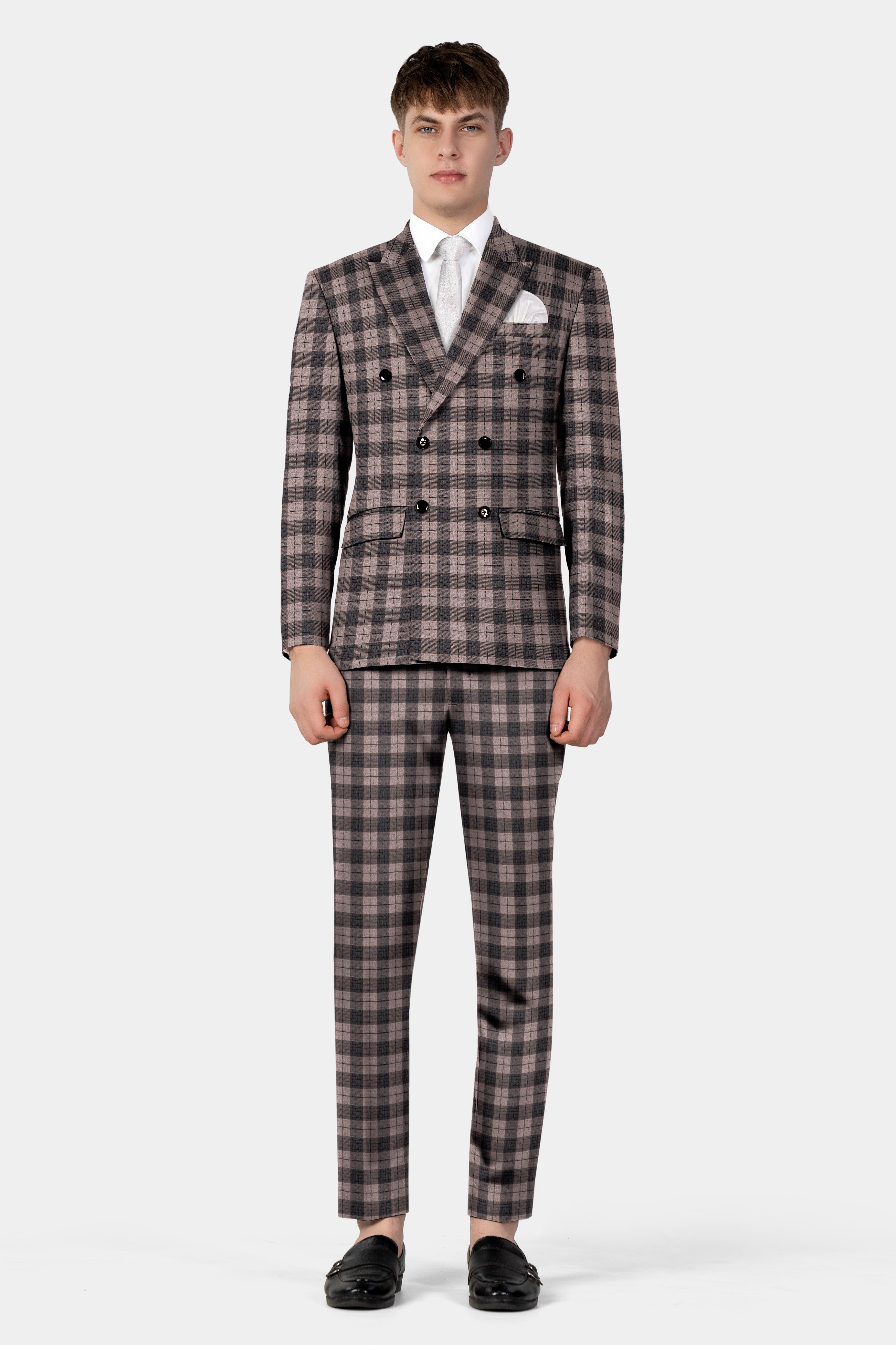 Vampire Brown Checks Plaid Tweed Double Breasted Blazer