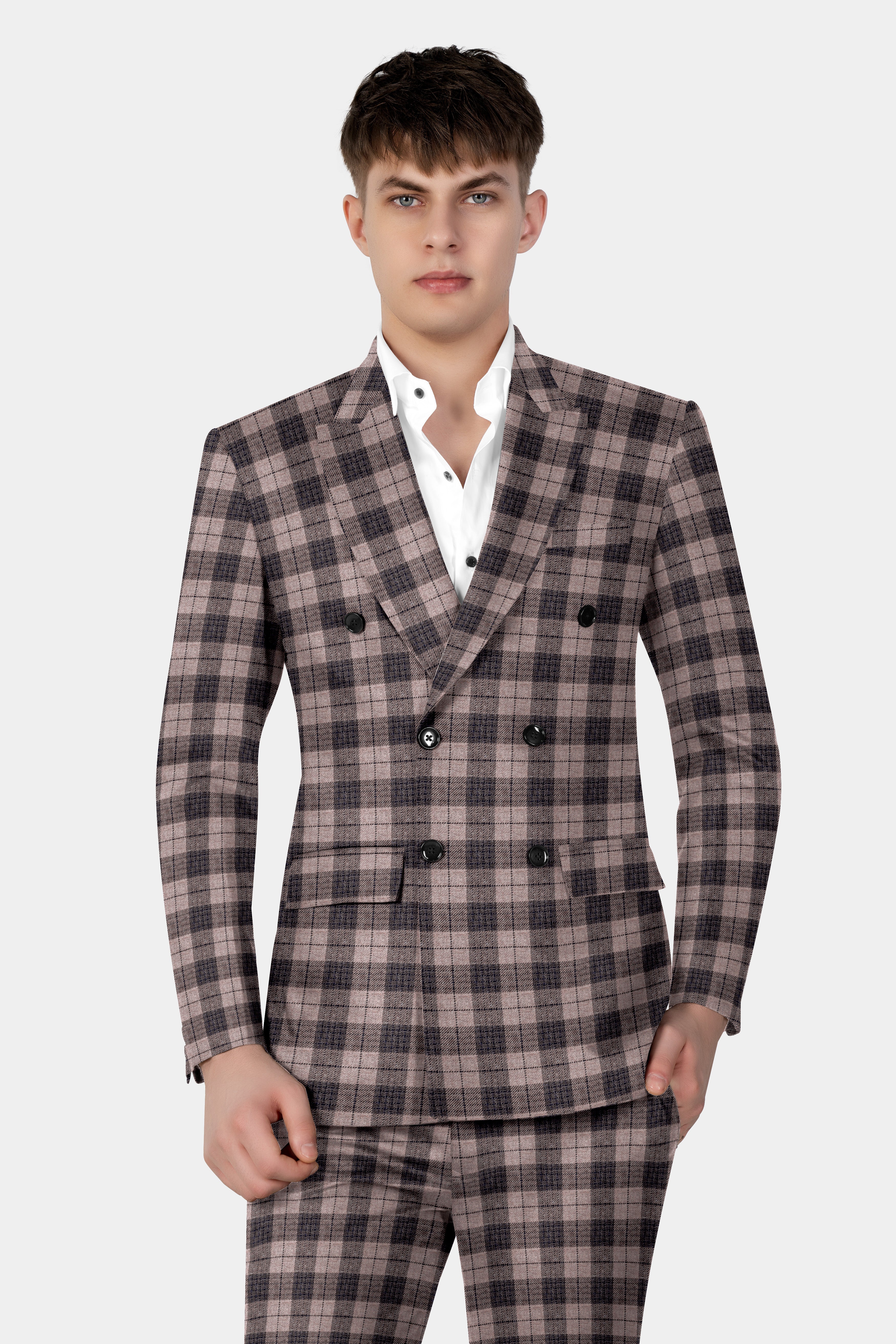 Vampire Brown Checks Plaid Tweed Double Breasted Blazer