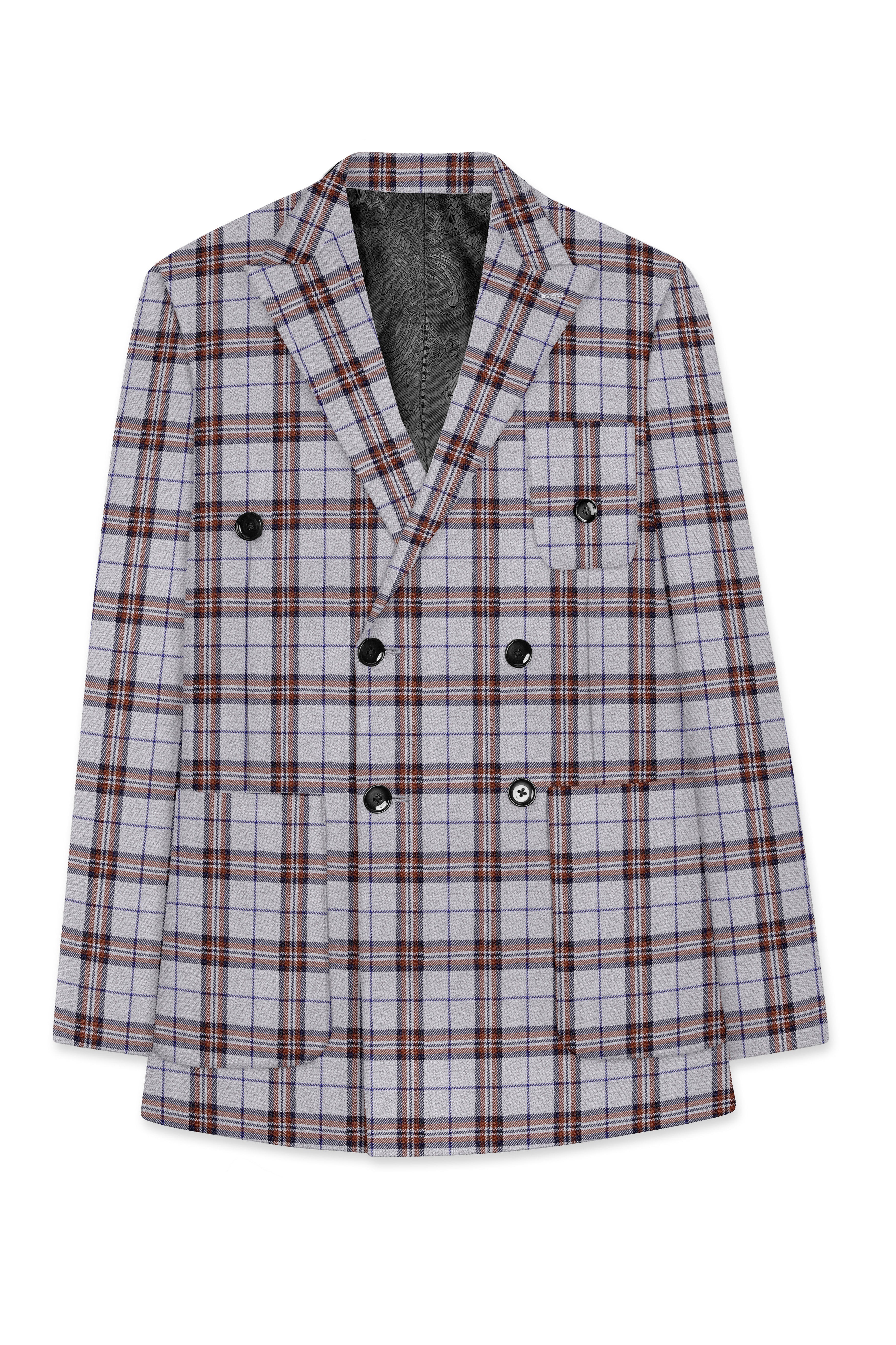 Cadet Grey with Maroon and Blue Plaid Double Breasted Tweed Blazer