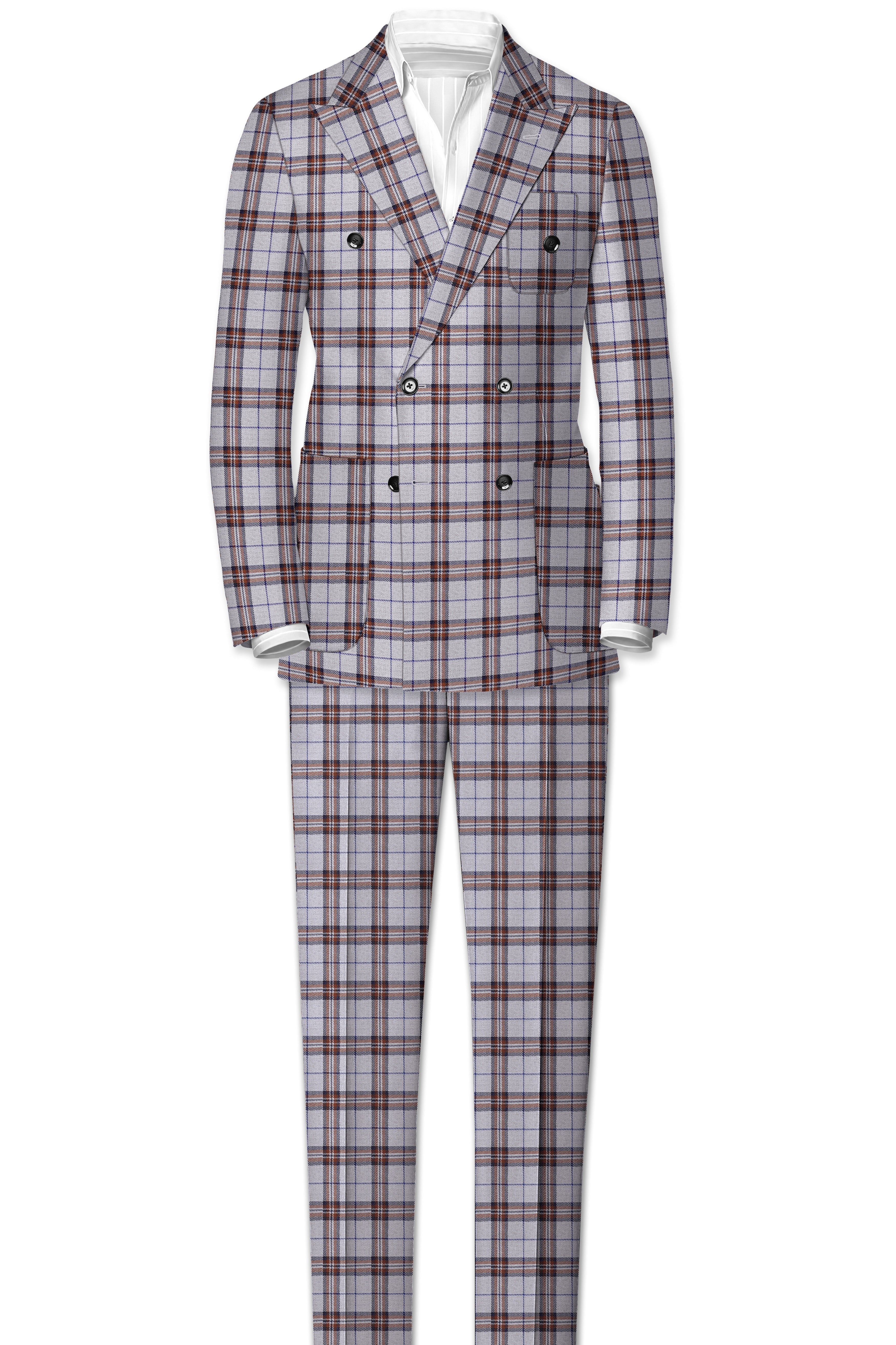 Cadet Grey with Maroon and Blue Plaid Double Breasted Tweed Blazer