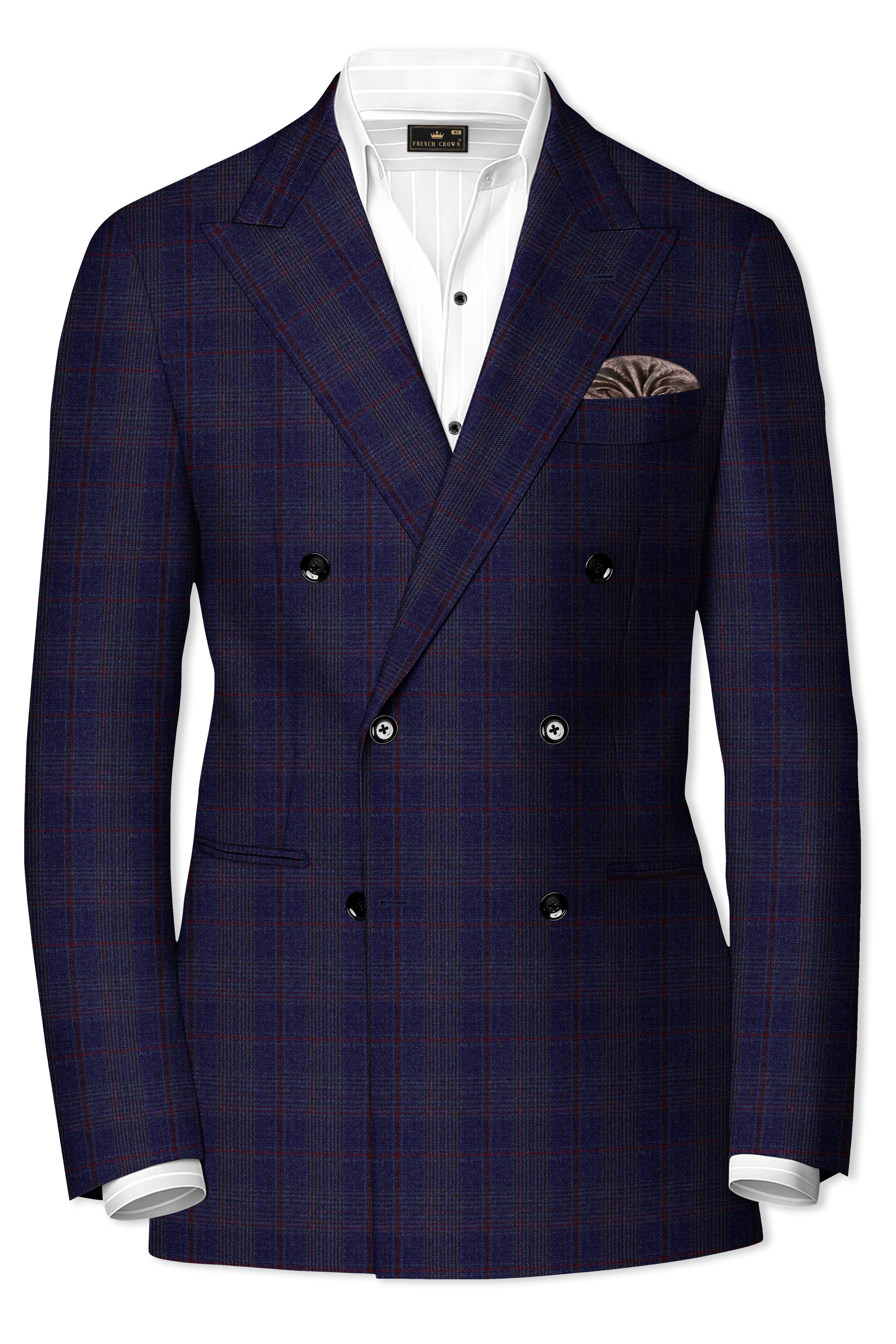 Tuna Blue Checkered Wool Blend Double Breasted Blazer