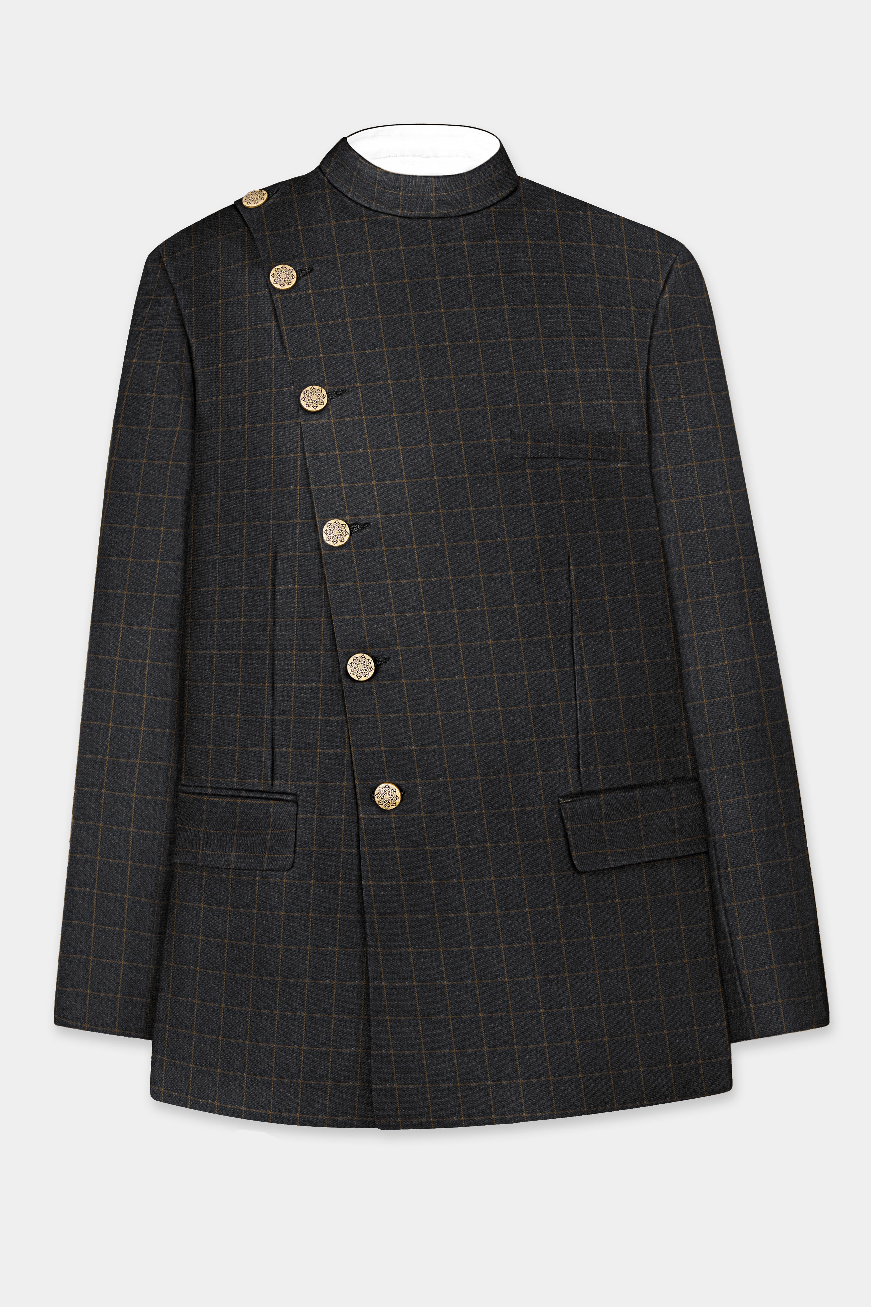 Gunmetal Gray with Dirt Brown Windowpane Wool Blend Blazer