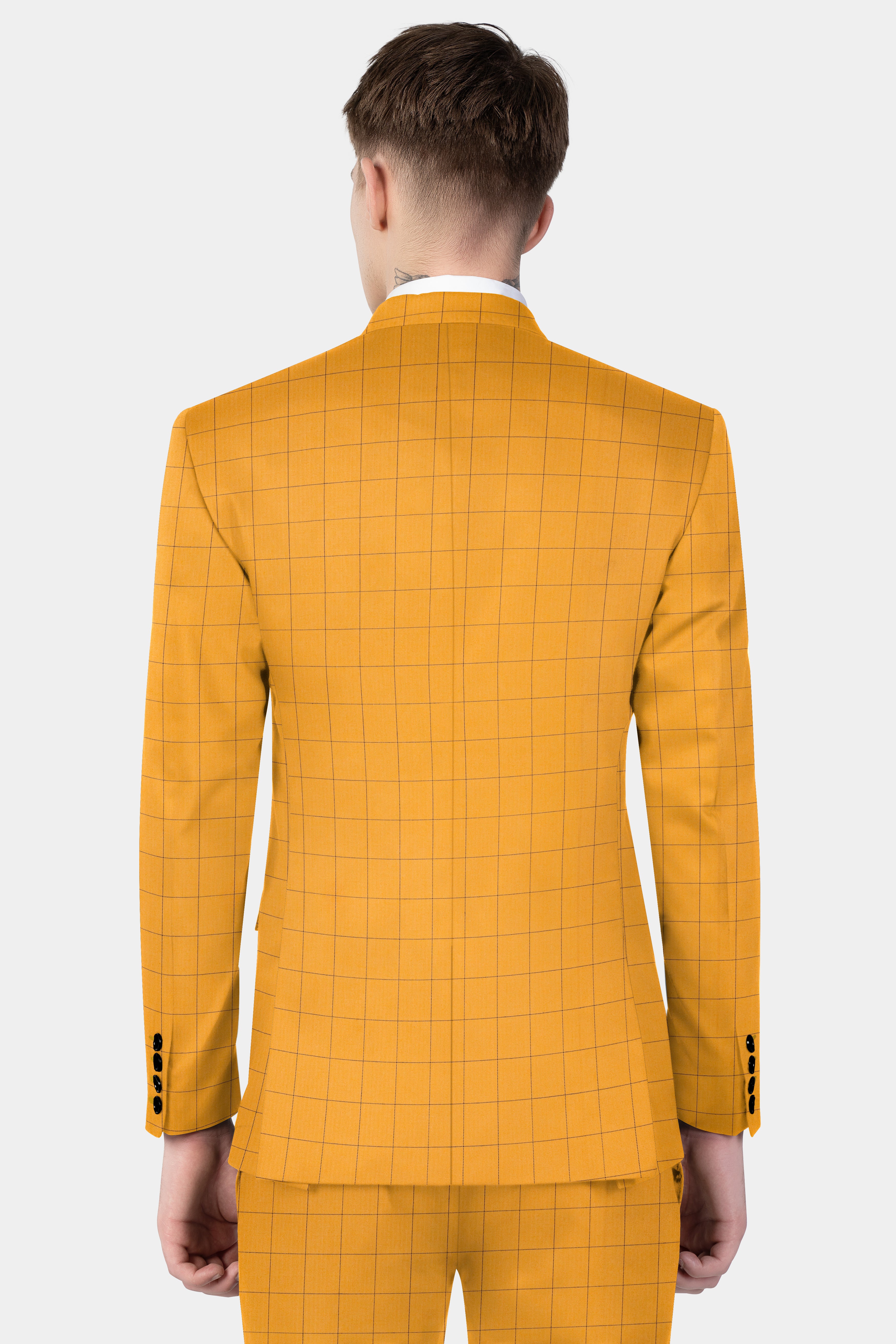 Cantaloupe Yellow herringbone Windowpane Single Breasted Blazer