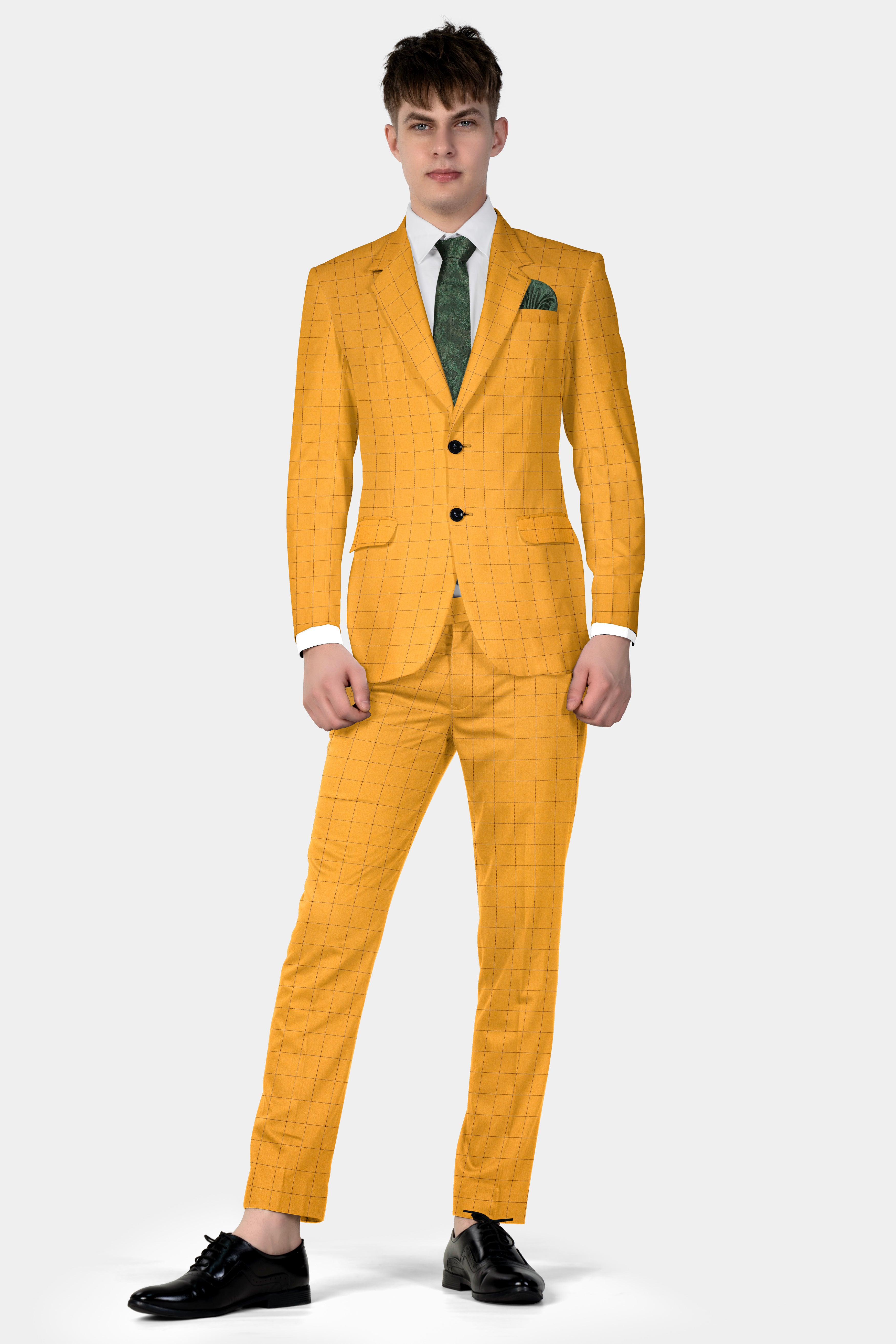 Cantaloupe Yellow herringbone Windowpane Single Breasted Blazer