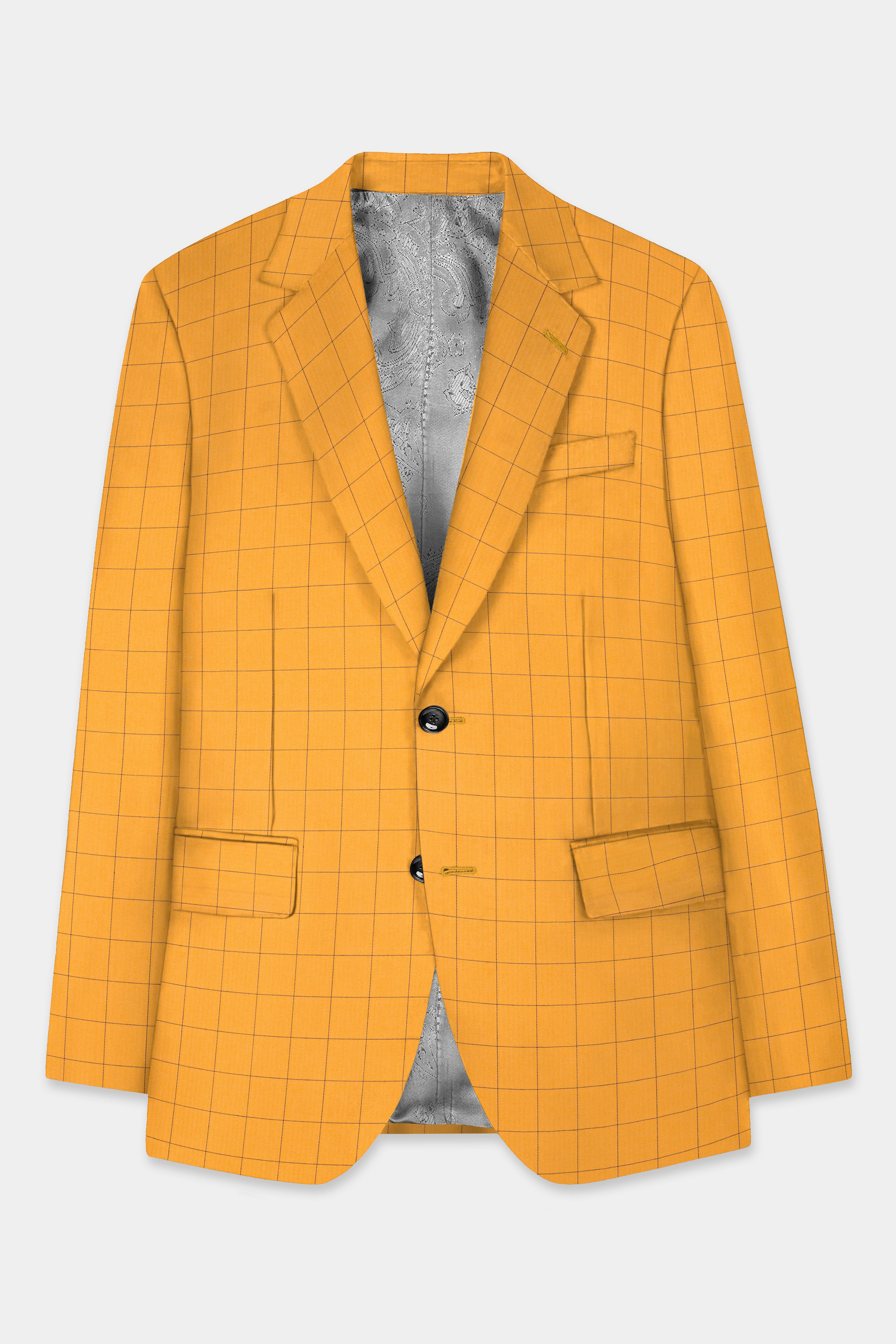 Cantaloupe Yellow herringbone Windowpane Single Breasted Blazer