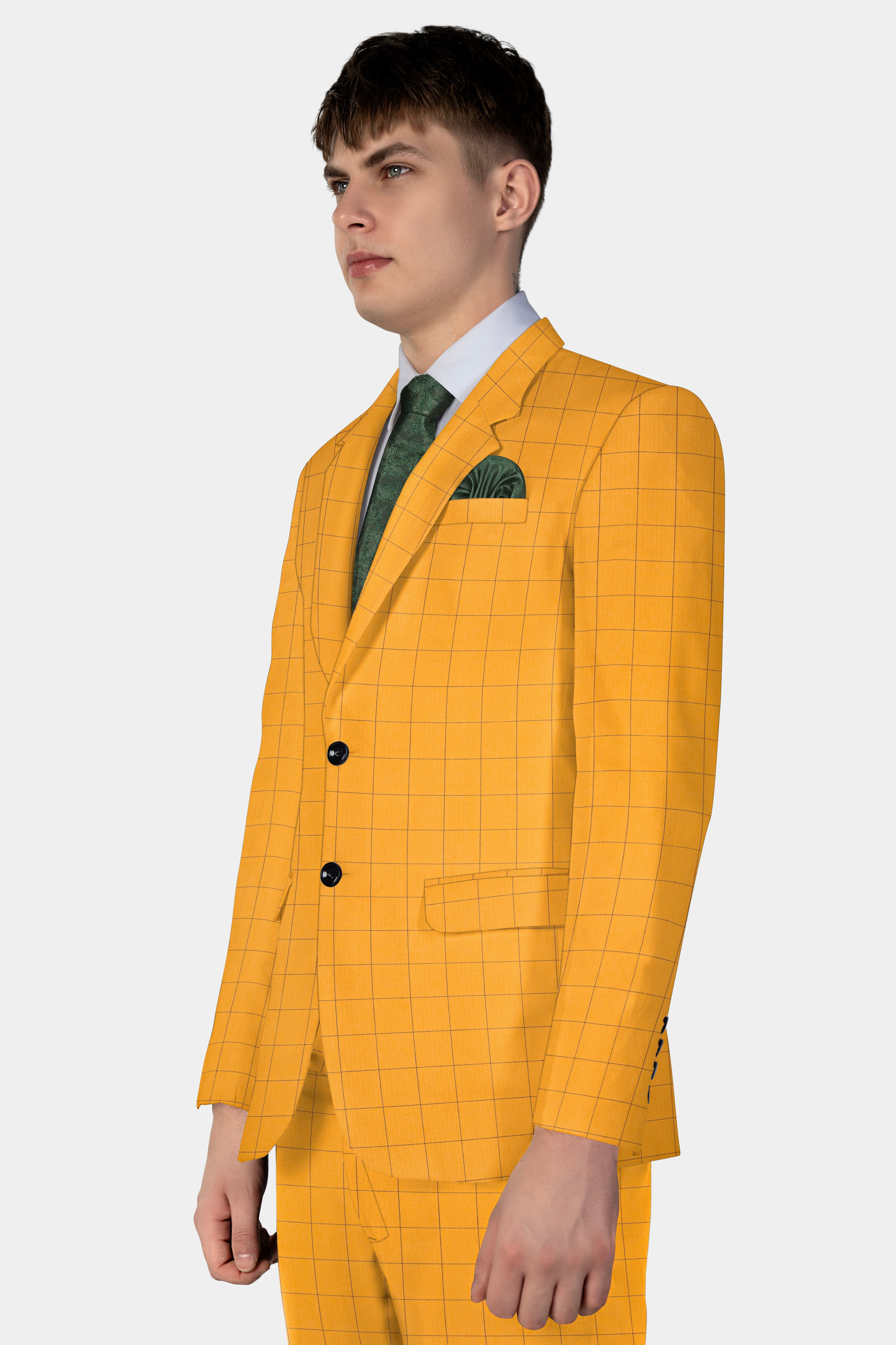 Cantaloupe Yellow herringbone Windowpane Single Breasted Blazer
