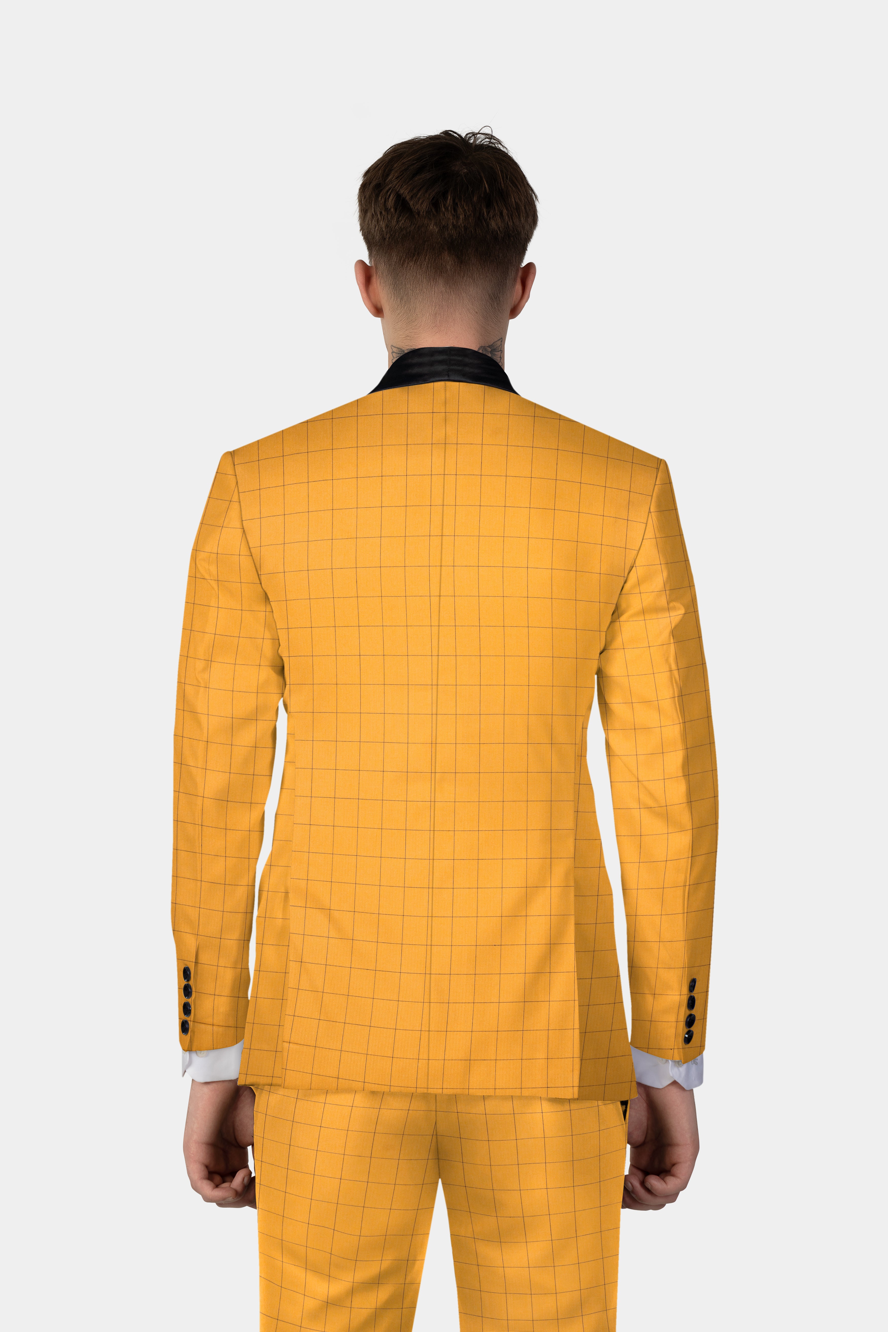 Cantaloupe Yellow herringbone Windowpane Tuxedo Blazer