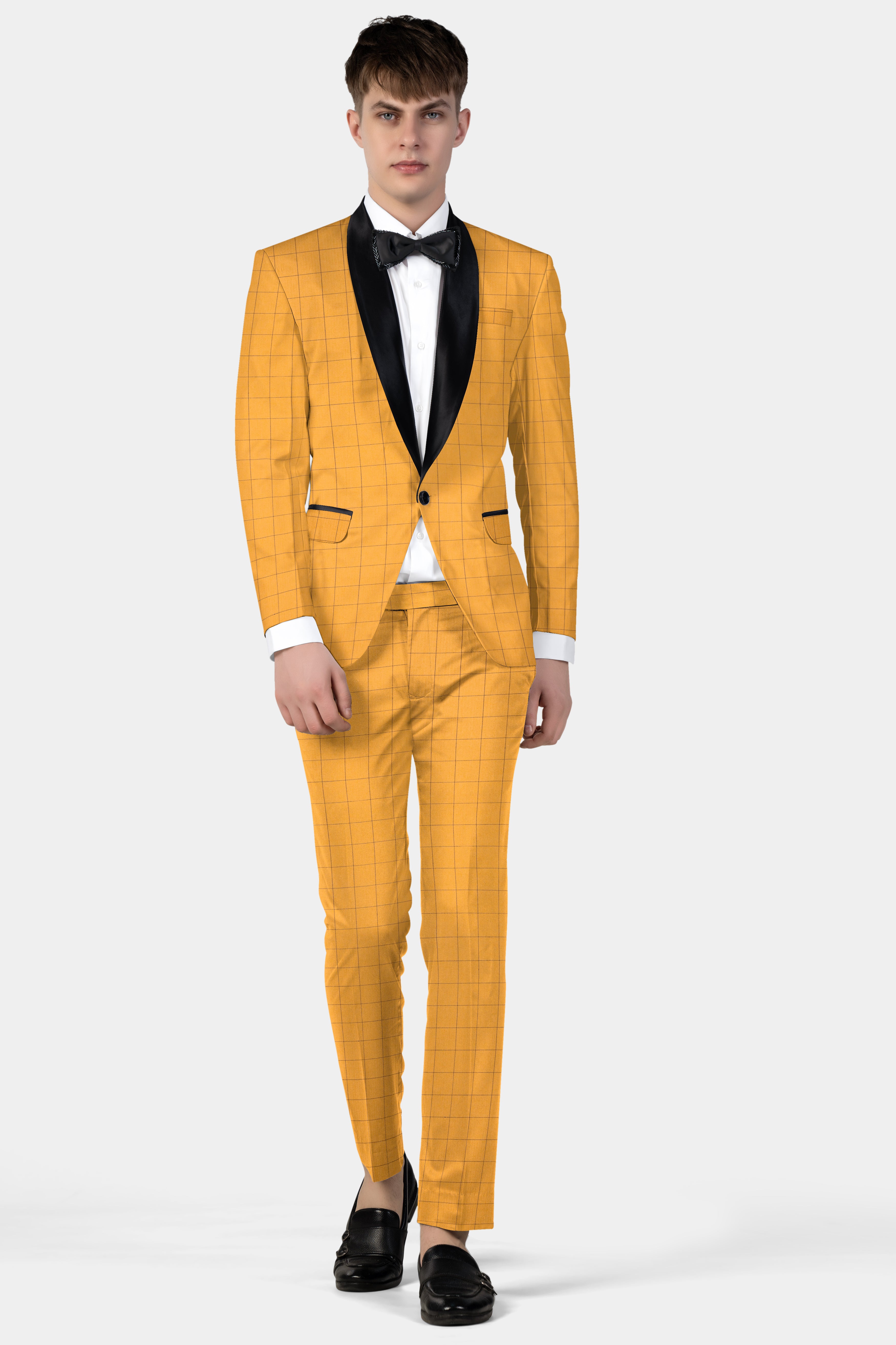 Cantaloupe Yellow herringbone Windowpane Tuxedo Blazer
