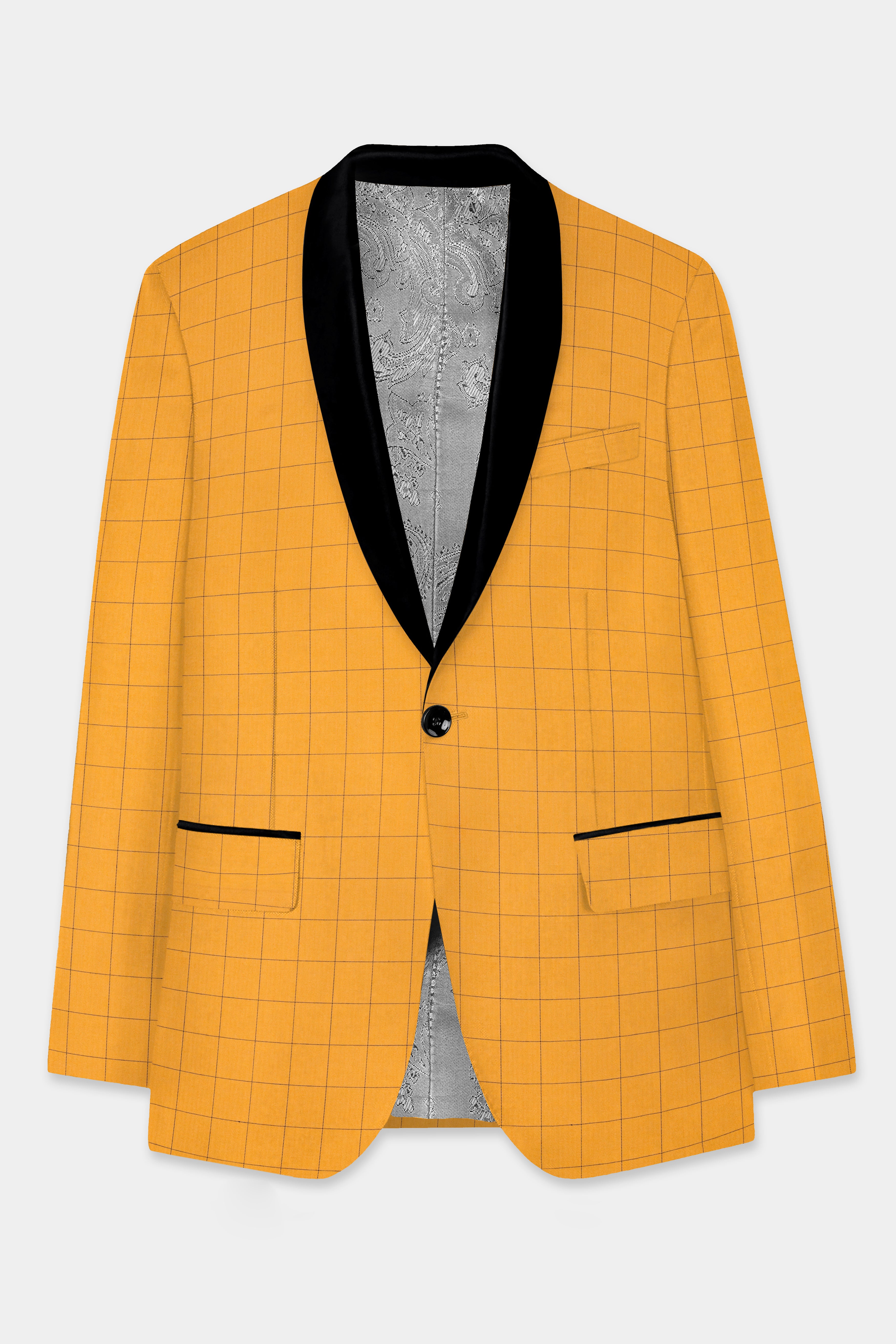 Cantaloupe Yellow herringbone Windowpane Tuxedo Blazer