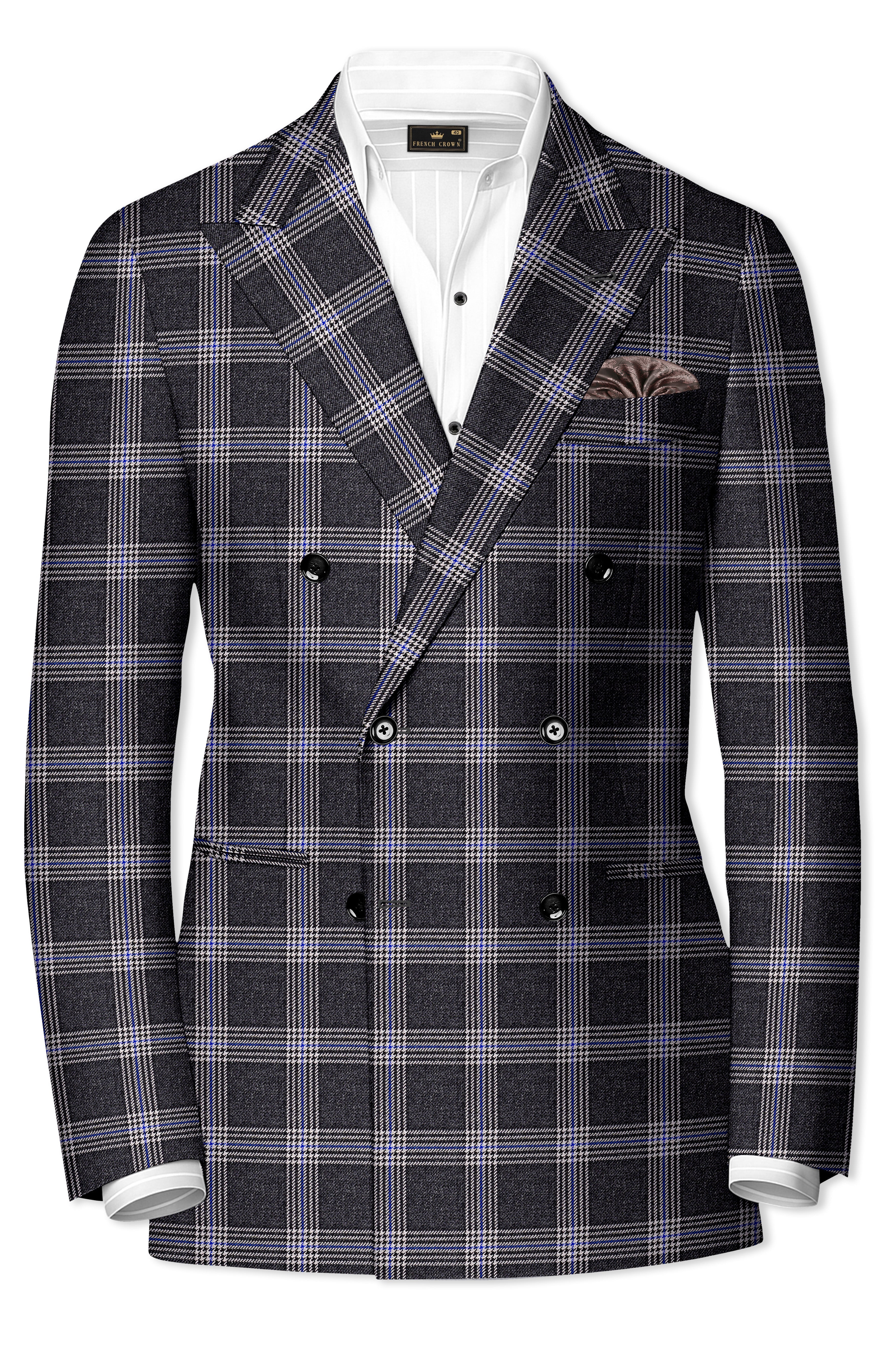 Iridium Gray Plaid Tweed Double Breasted Blazer