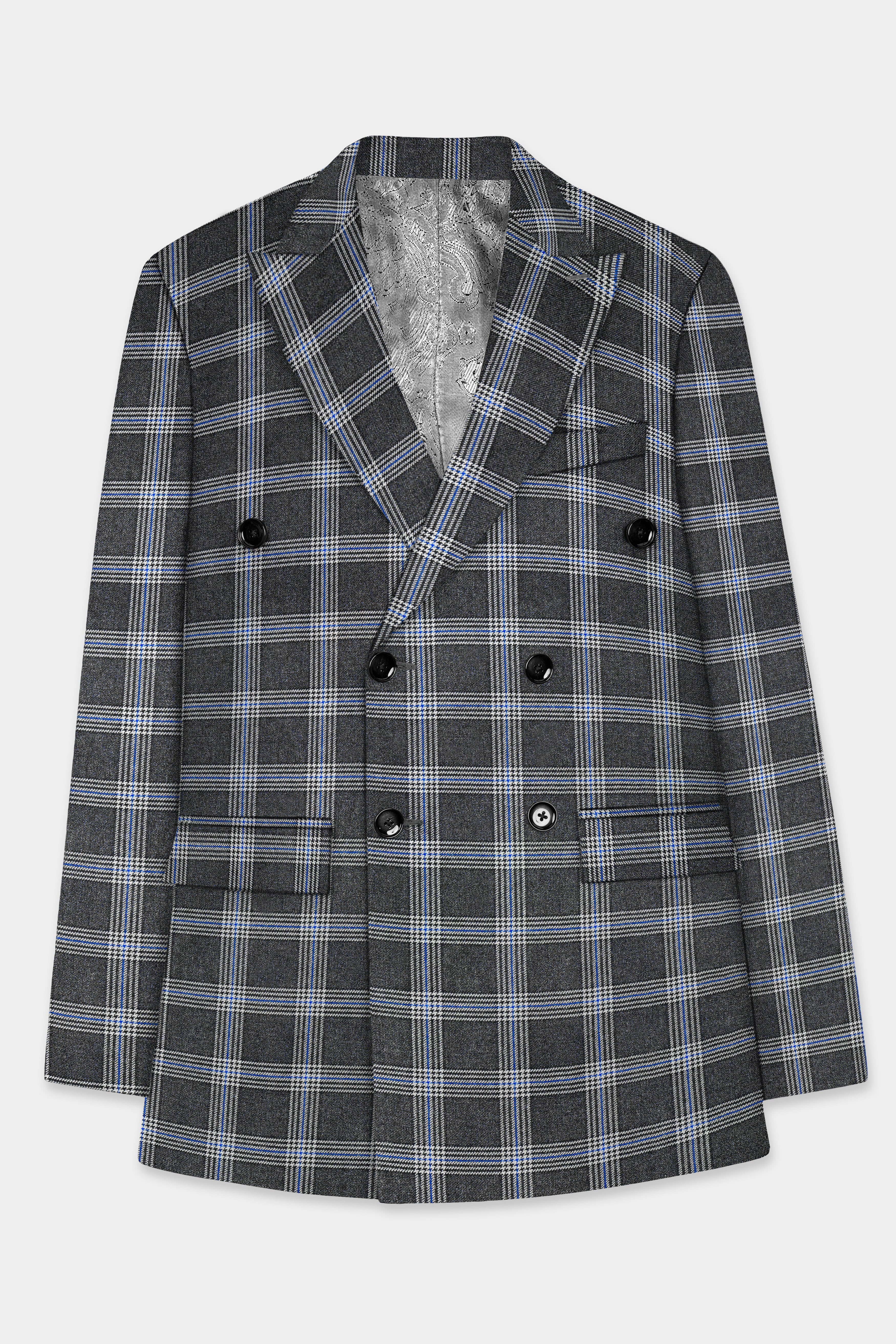 Iridium Gray Plaid Tweed Double Breasted Blazer