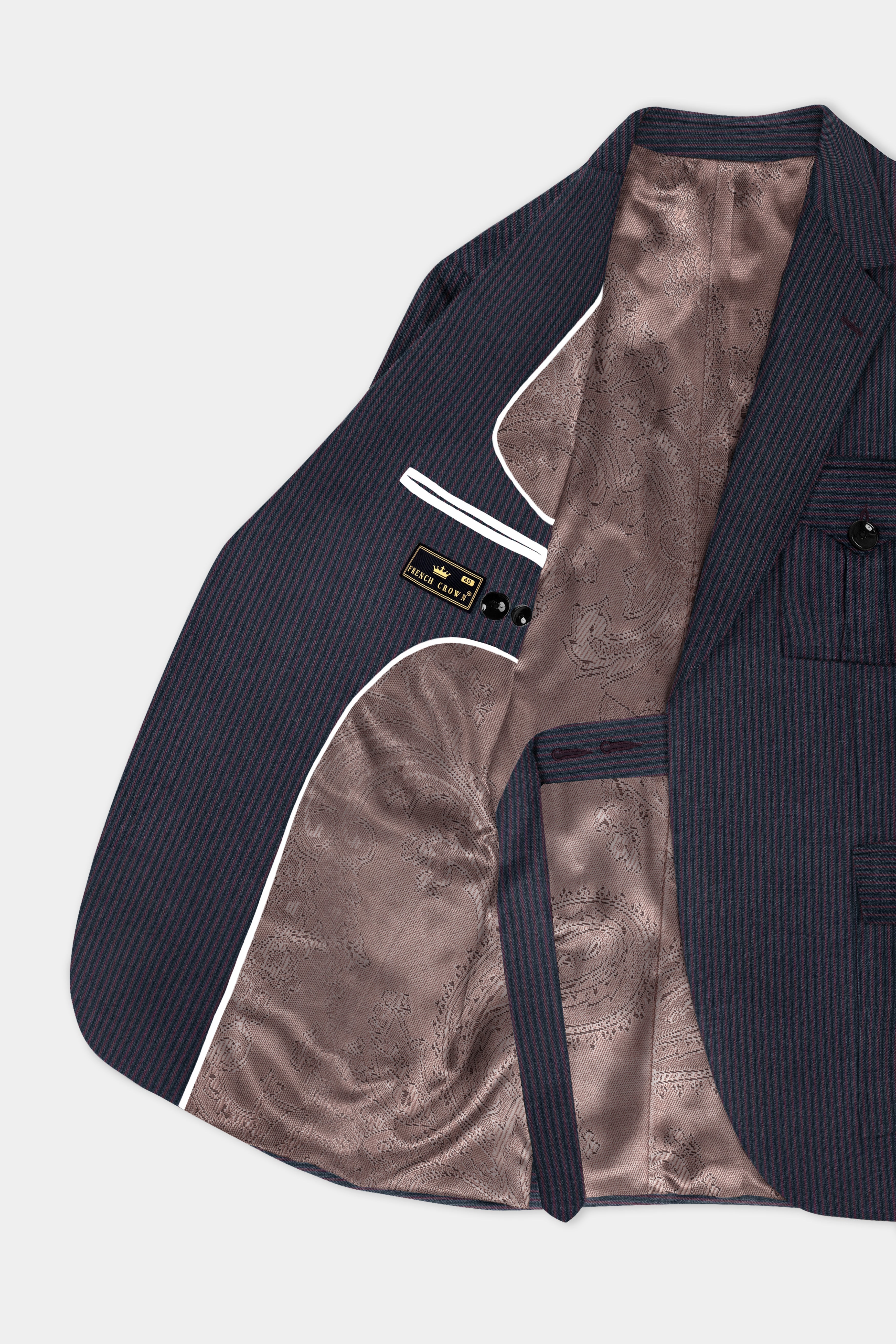 Ebony Clay Blue with Wine Berry Striped Wool Blend Patch Pocket Designer Sport Blazer