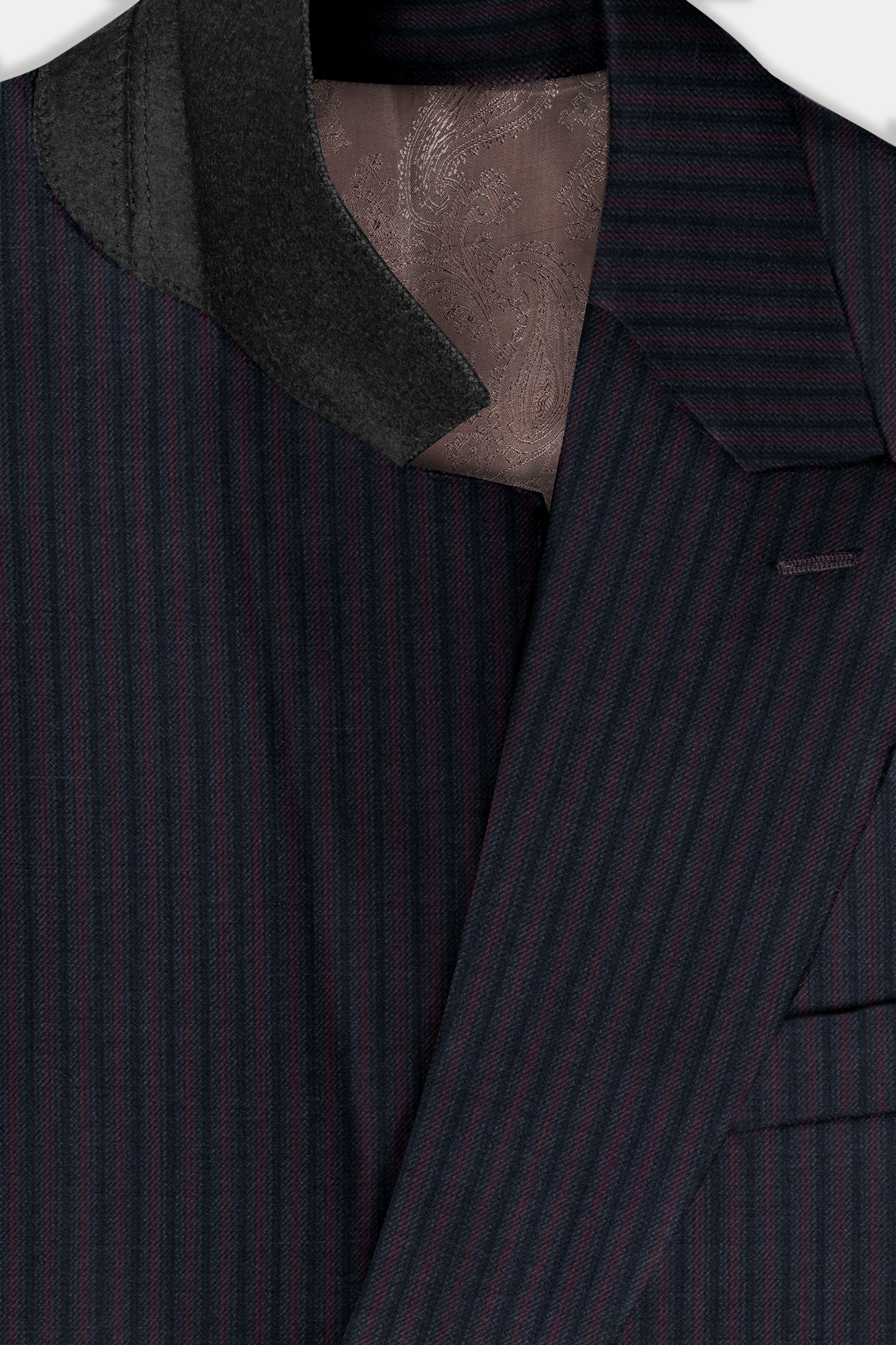 Ebony Clay Blue with Wine Berry Striped Wool Blend Double Breasted Blazer