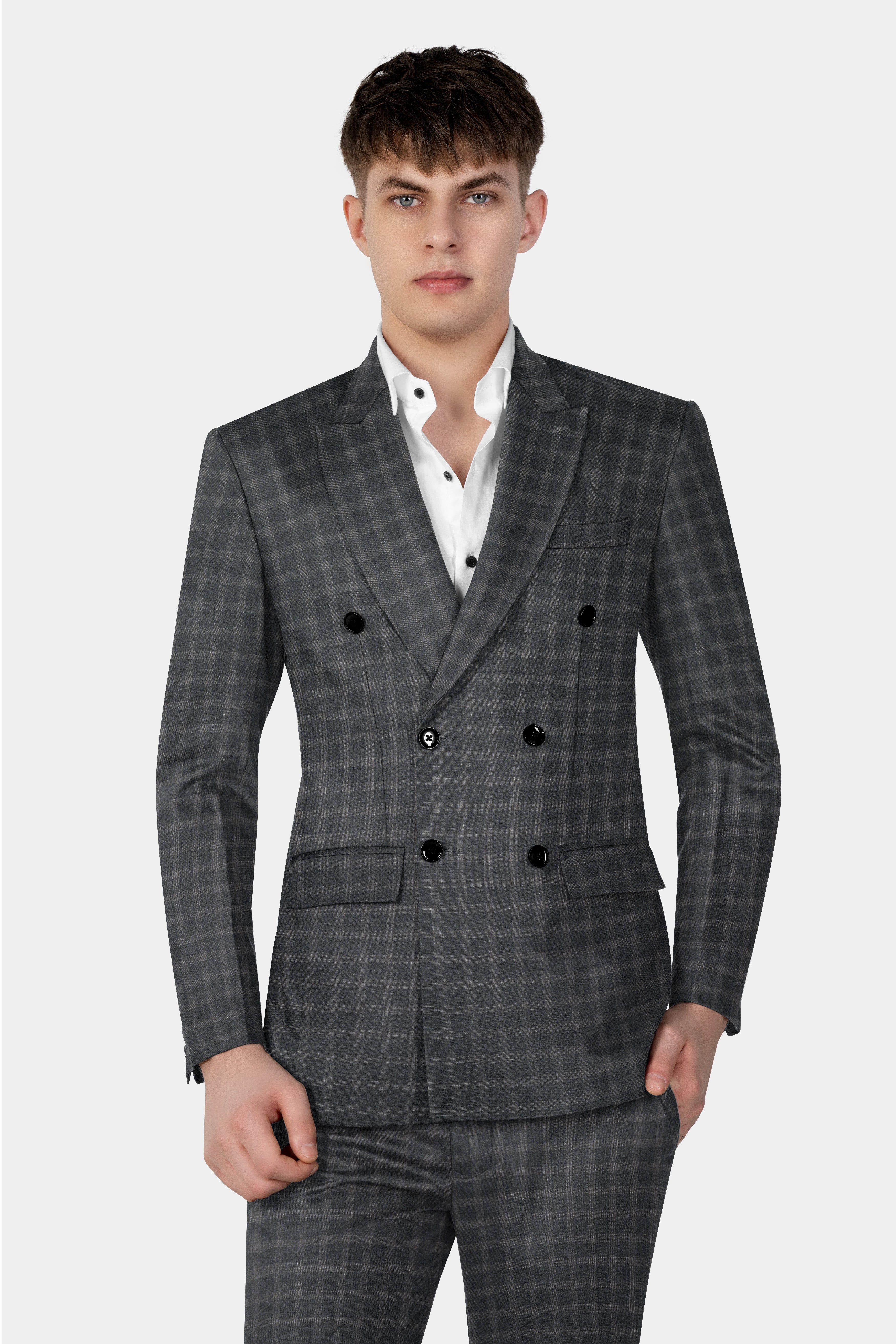 Gravel Gray Checkered Wool Blend Double Breasted Blazer