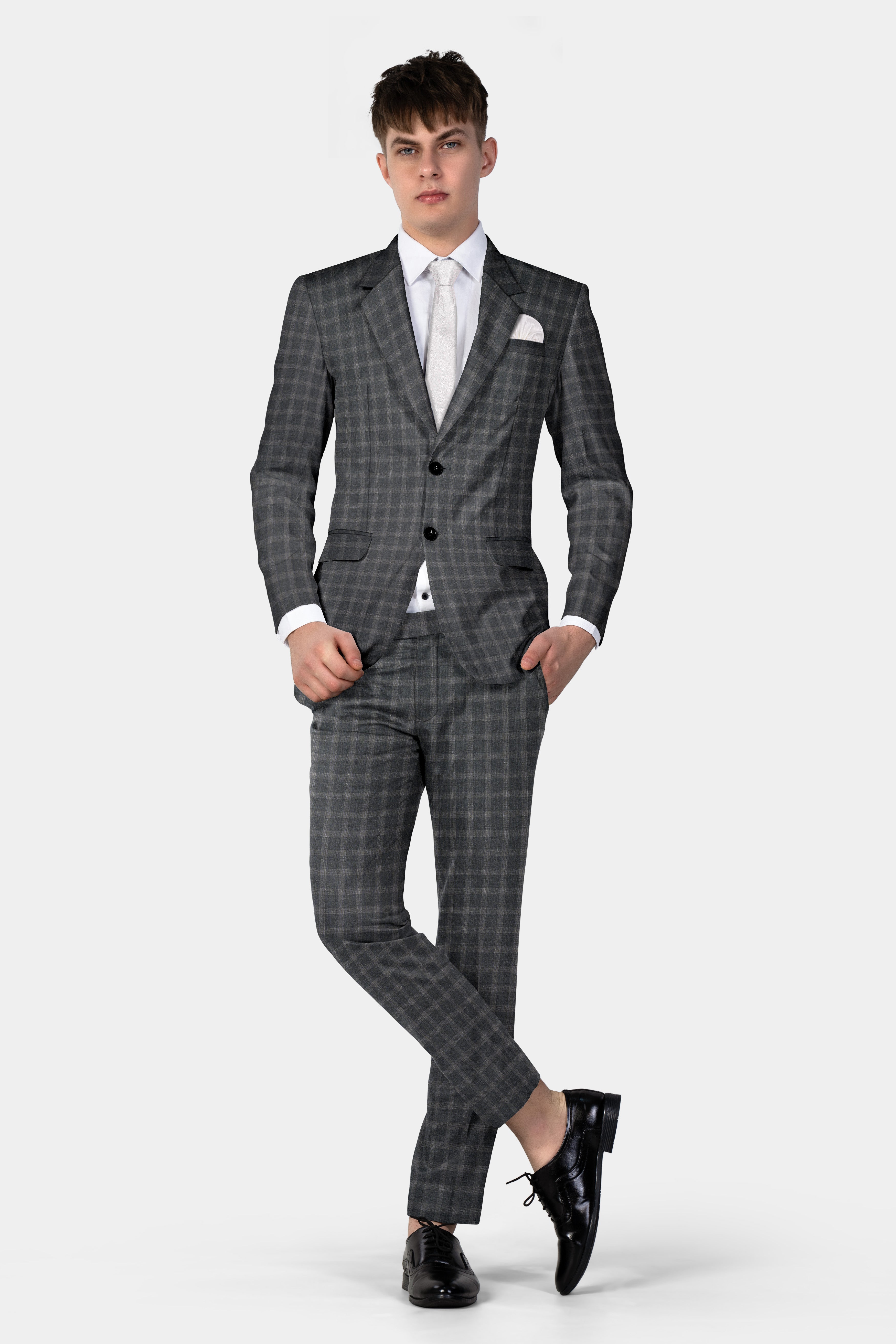 Gravel Gray Checkered Wool Blend Single Breasted Blazer