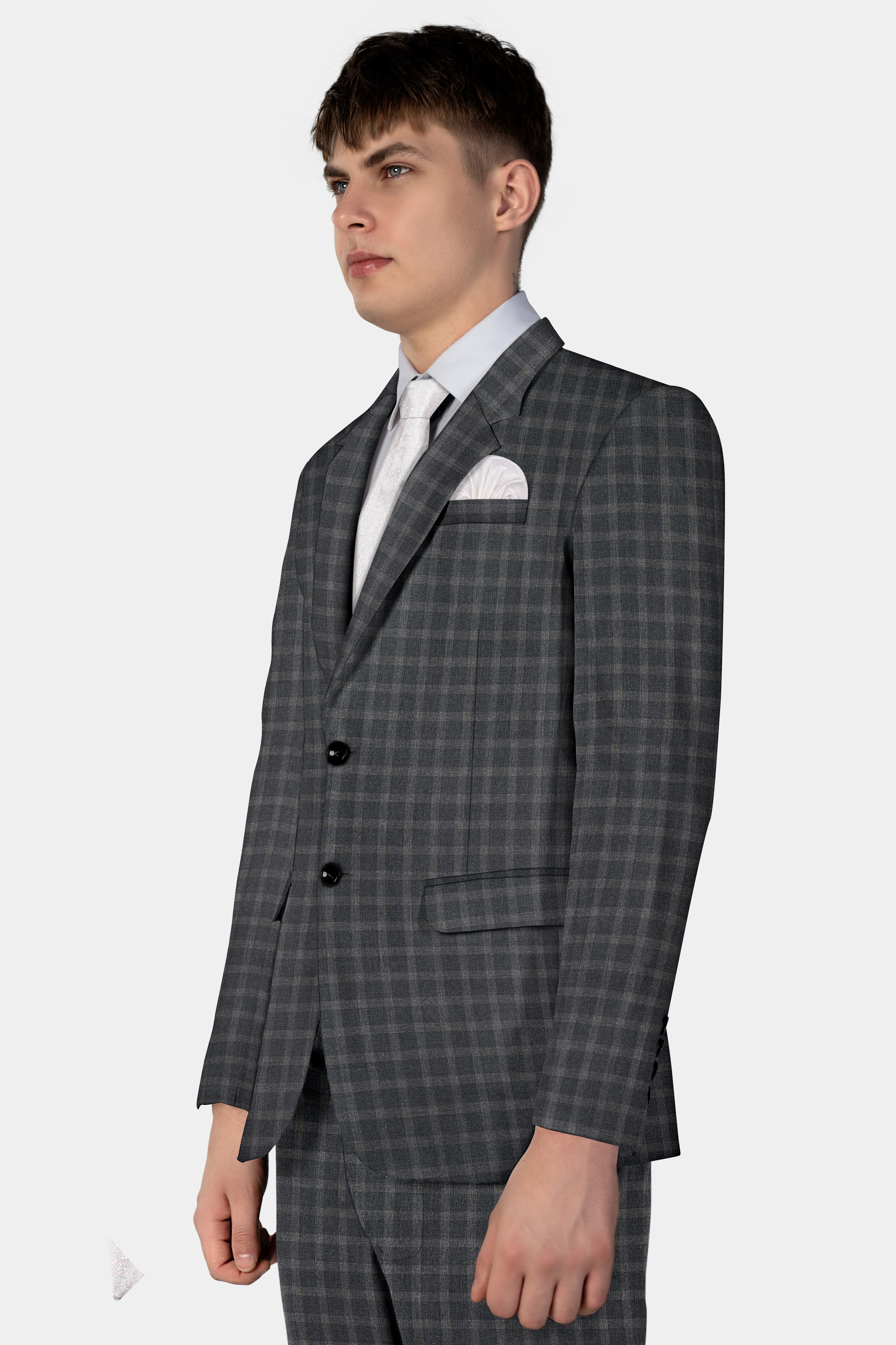 Gravel Gray Checkered Wool Blend Single Breasted Blazer