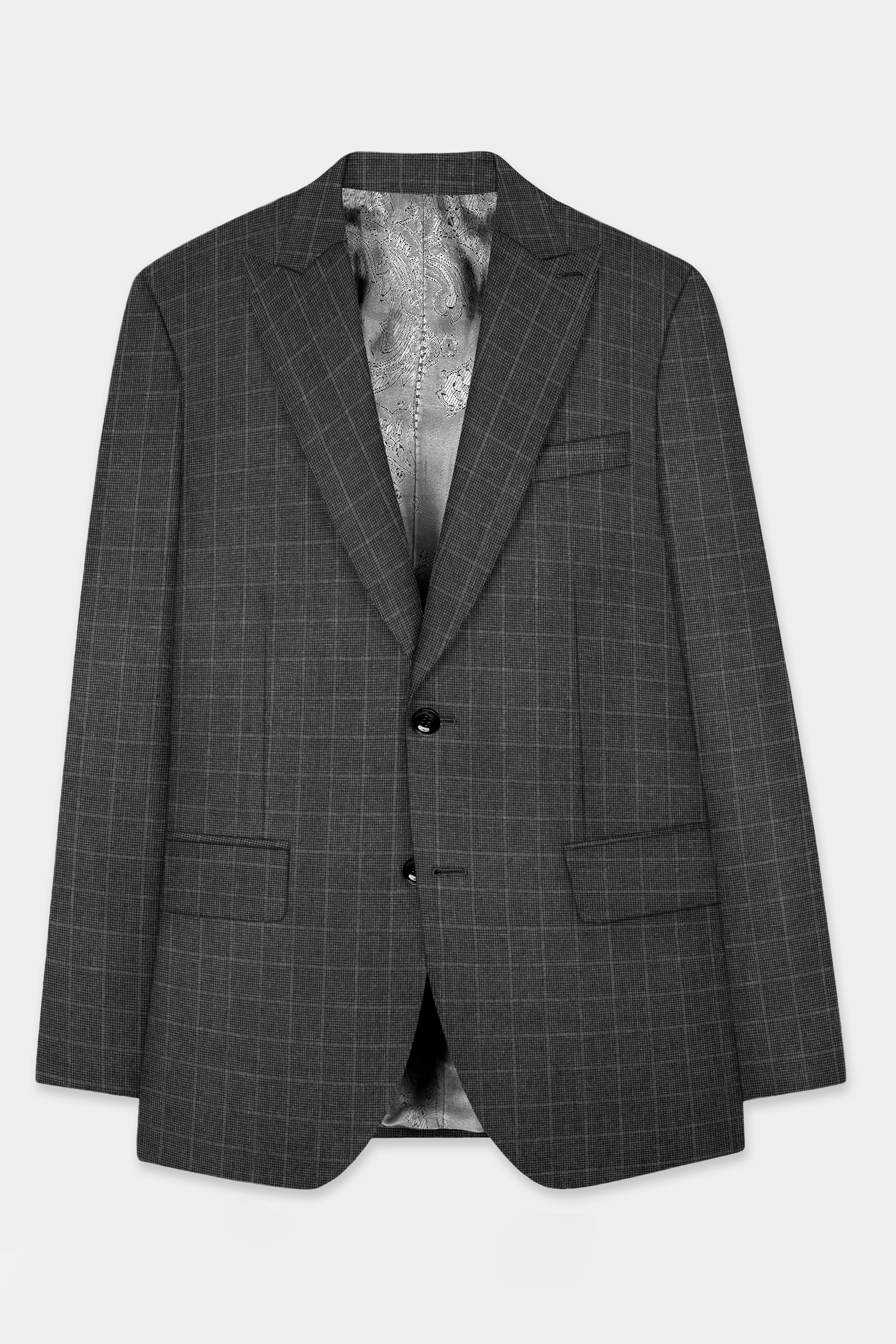 Iridium Gray Plaid Wool Blend Single Breasted Blazer