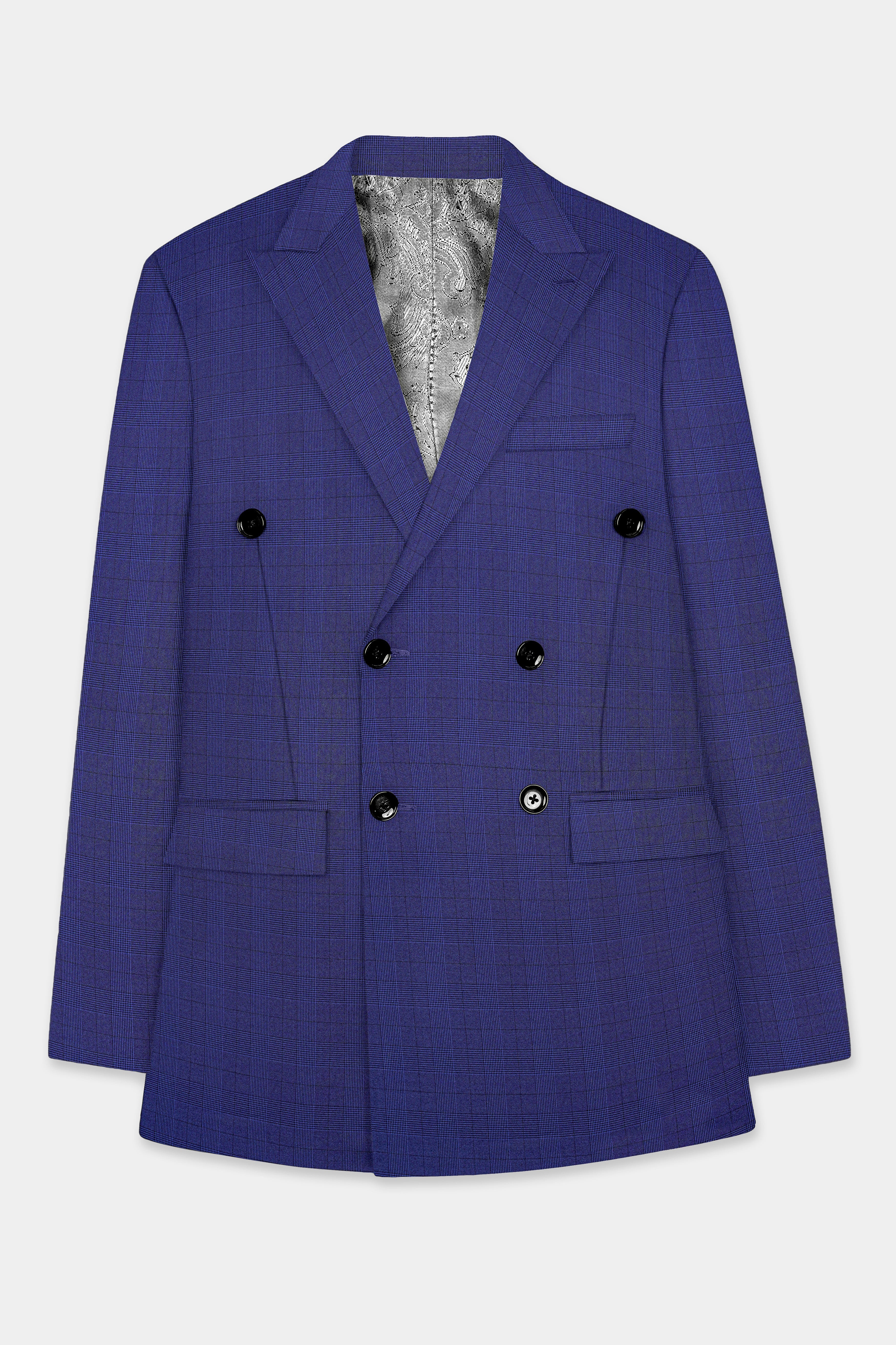 Martinique Blue Plaid Wool Blend Double Breasted Blazer
