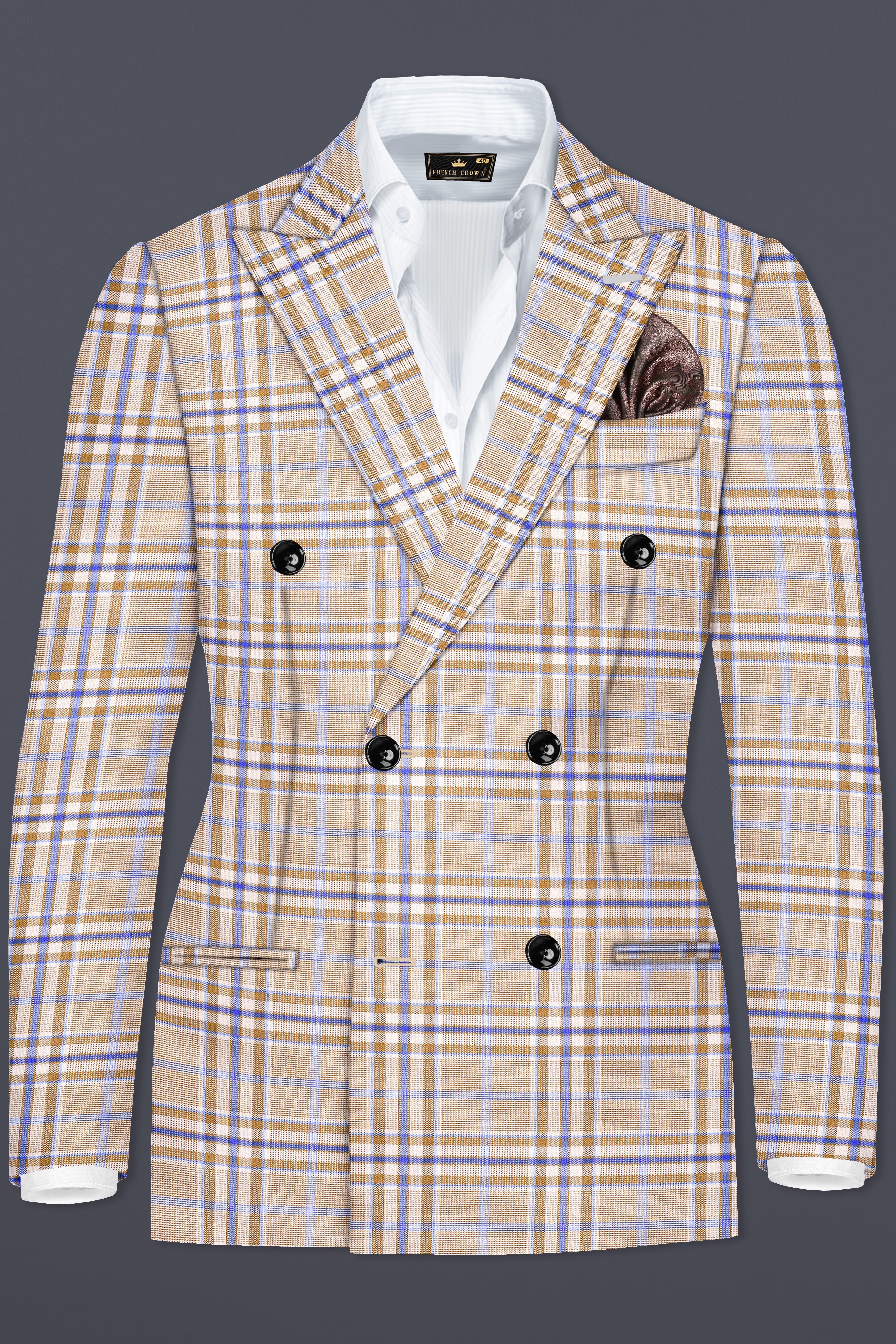 Orchid Cream And Wild Blue Plaid Wool Rich Double Breasted Blazer