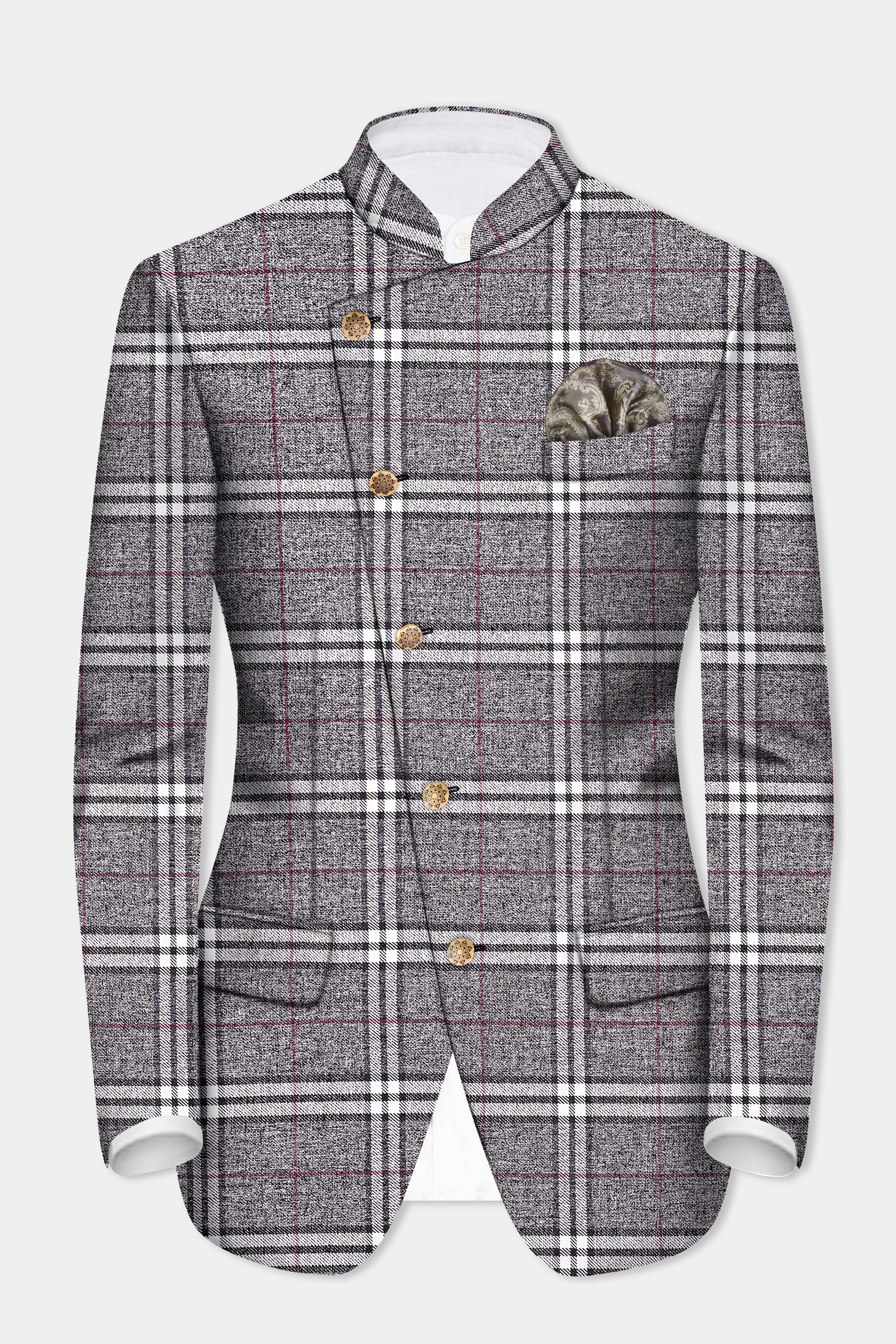 Granite Gray Plaid Wool Rich Cross Placket Bandhgala Blazer