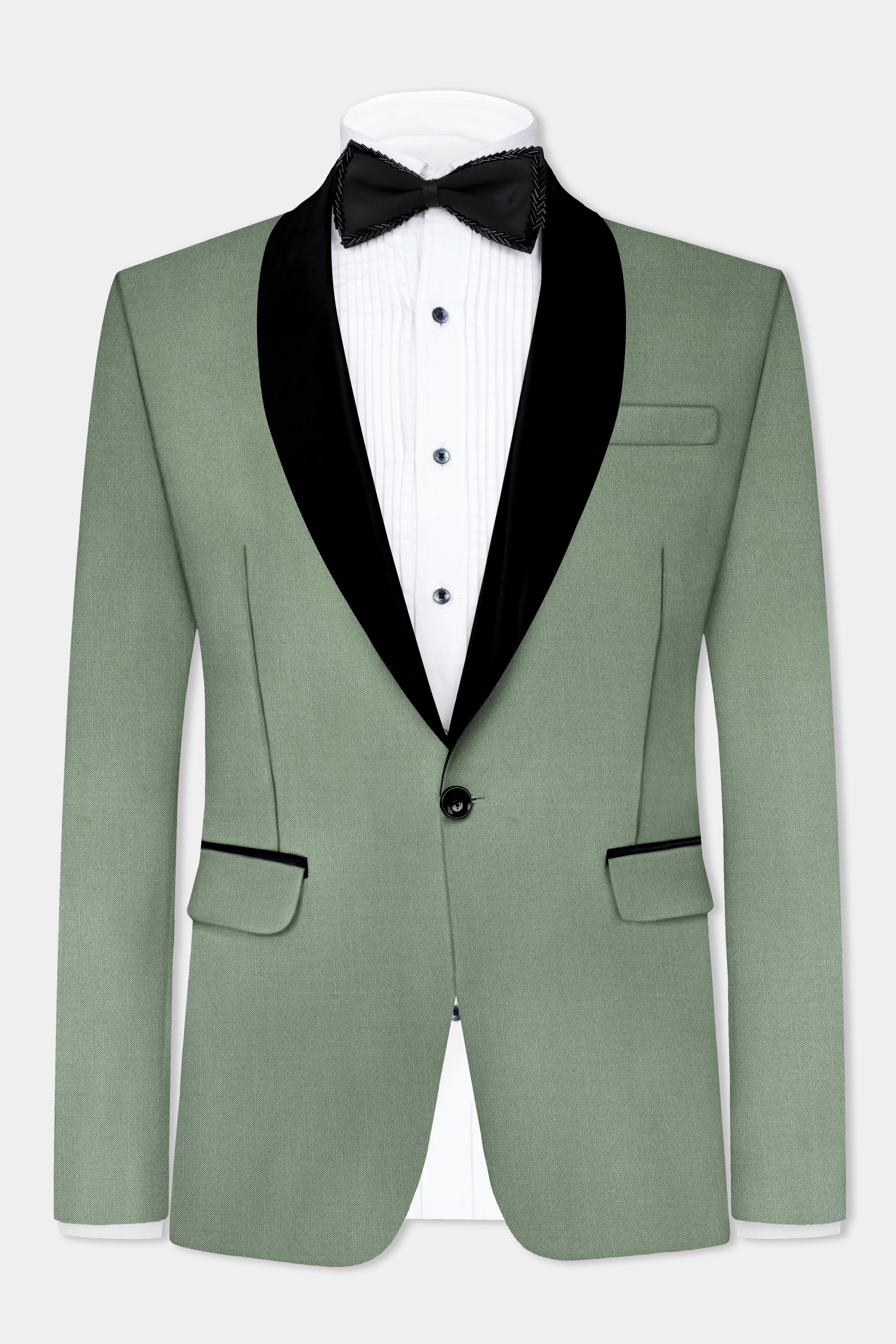 Spanish Green Solid Wool Rich Tuxedo Slight Stretch Blazer