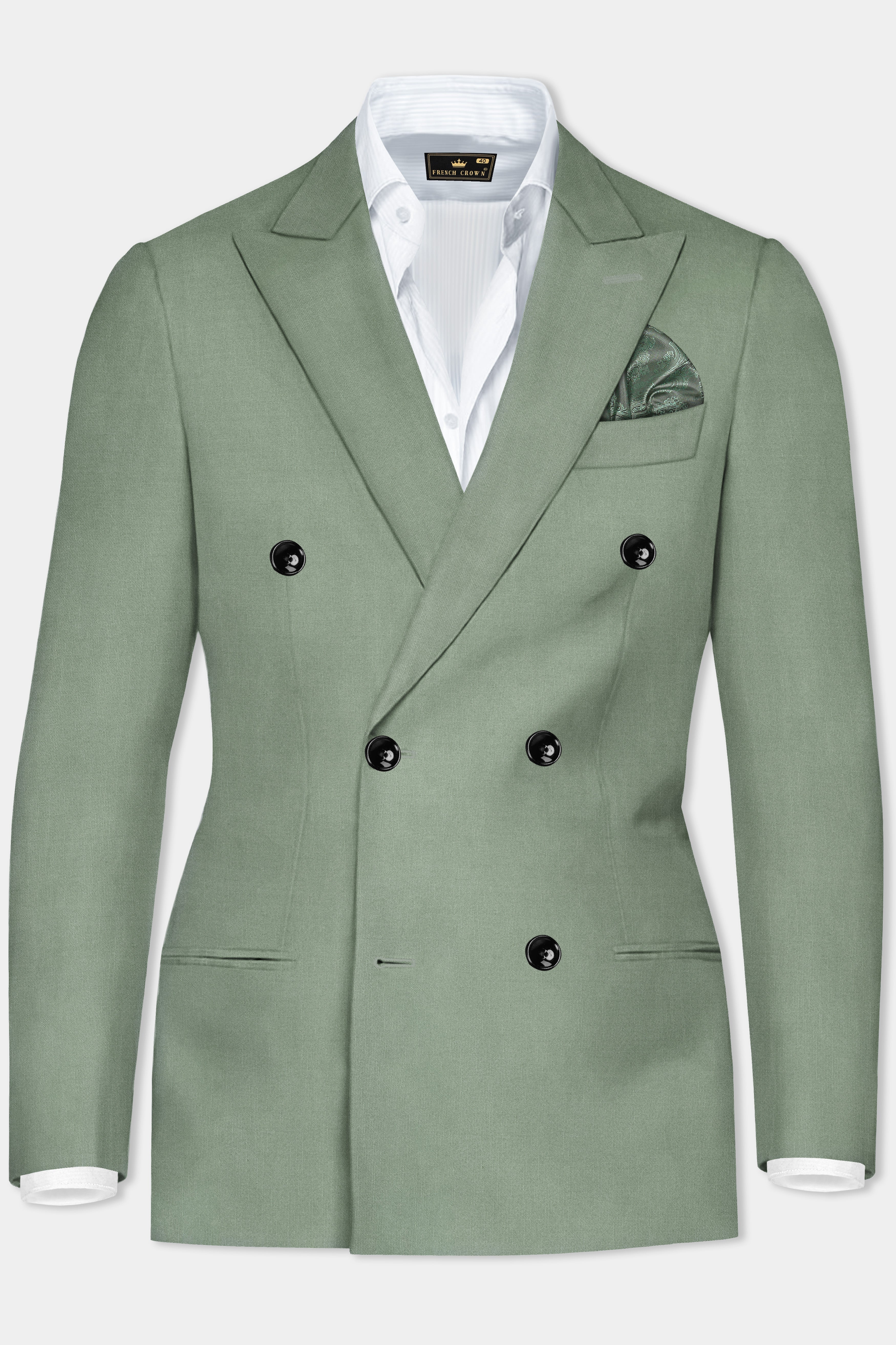 Spanish Green Solid Wool Rich Double Breasted Slight Stretch Blazer