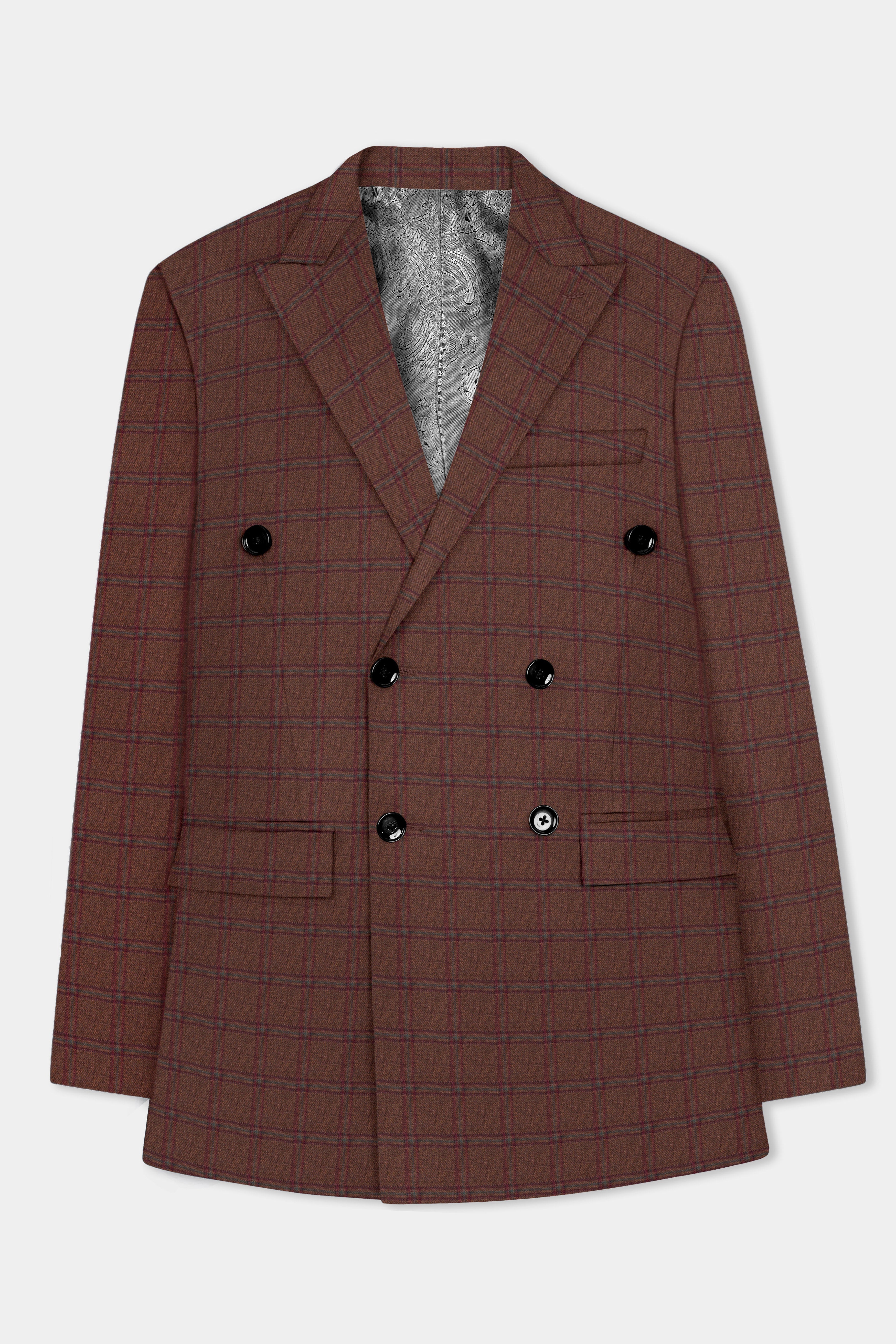 Harris-Derby Brown Plaid Tweed Double Breasted Stretchable traveler Blazer