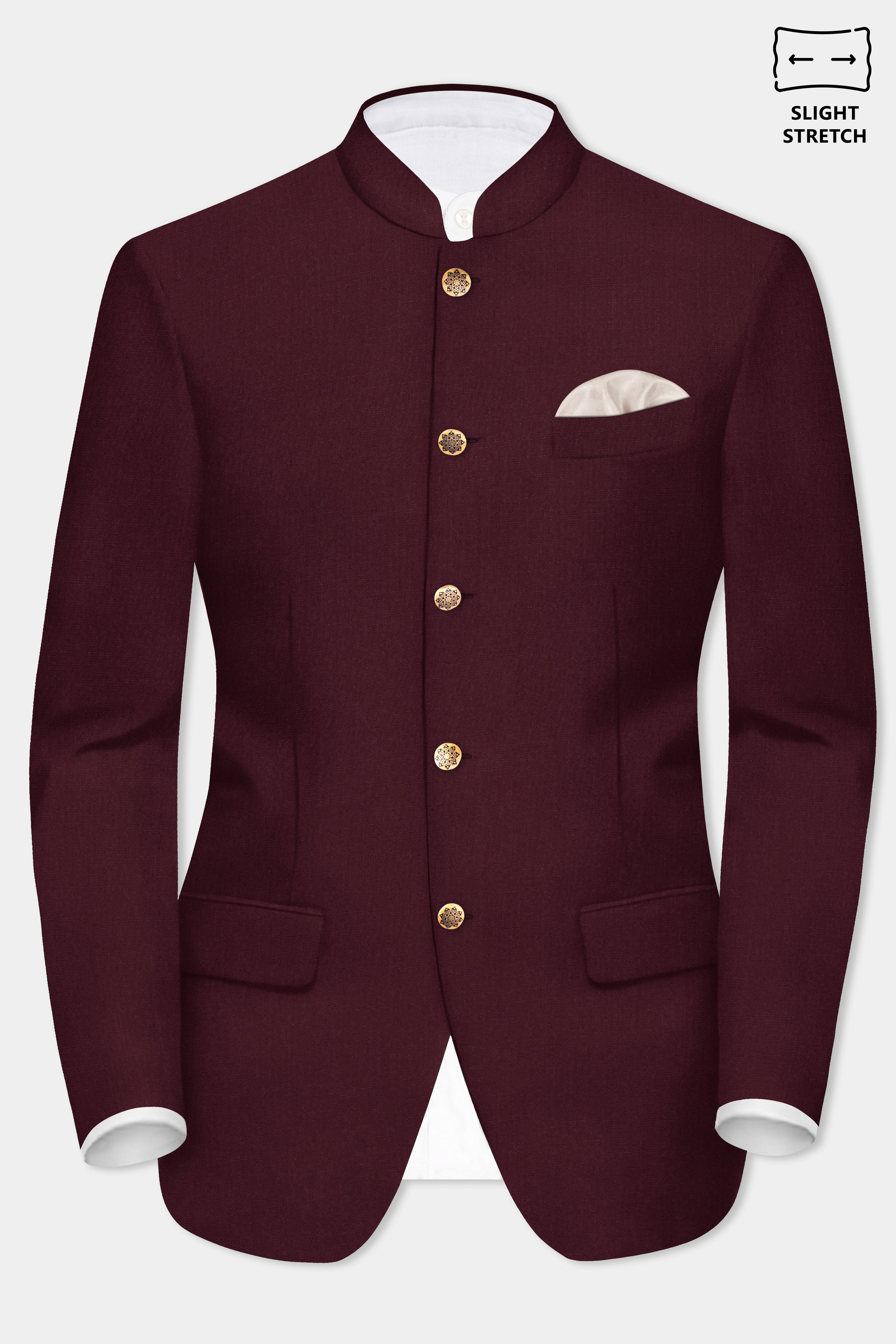 Merlot-Wine Berry Solid Wool Rich Bandhgala Slight Stretch Blazer
