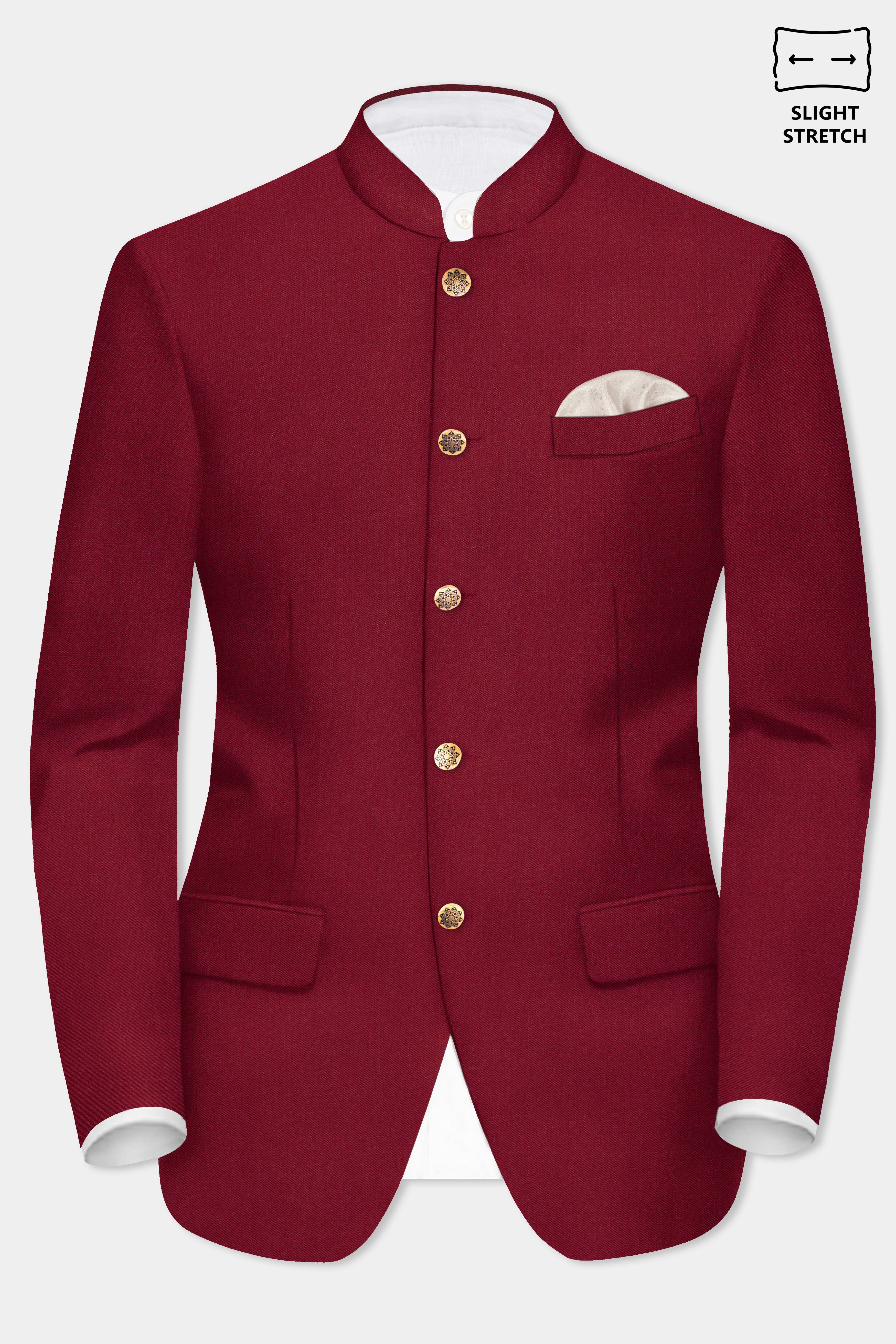 CrimsonAce-Cherry Red Solid Wool Rich Bandhgala Slight Stretch Blazer