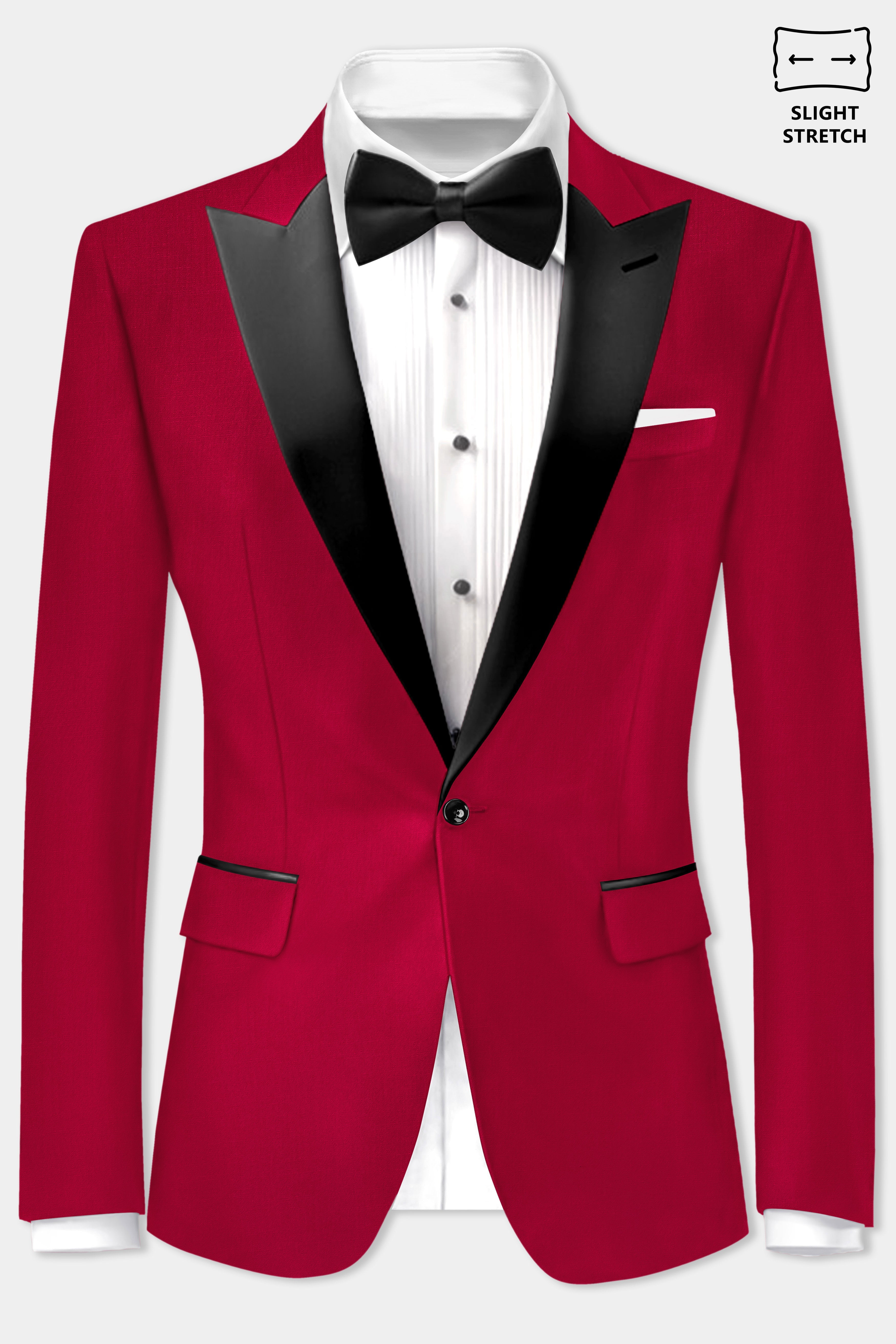 Vermilion-Chili Red Solid Wool Rich Peak Lapel Tuxedo Slight Stretch Blazer
