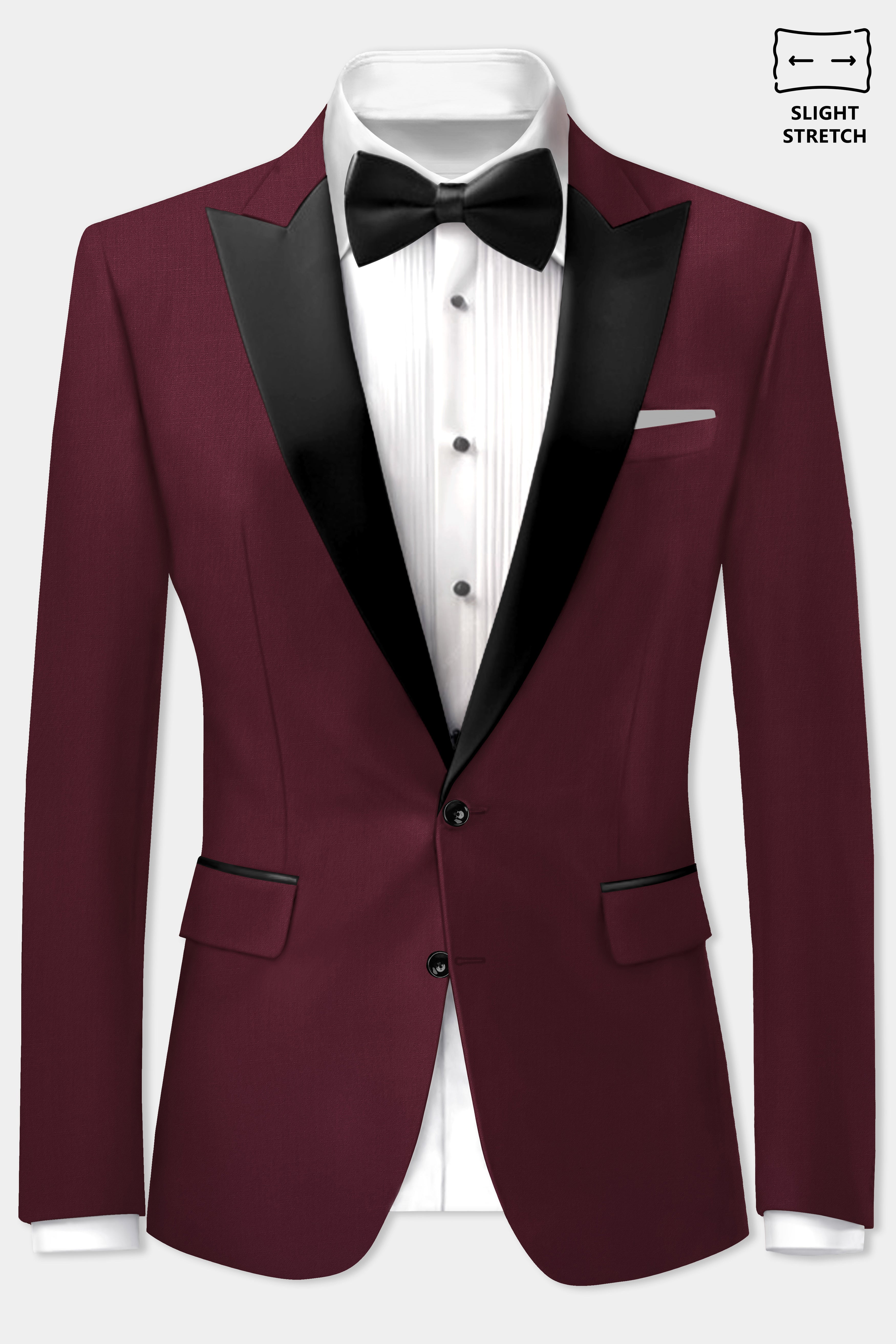 Merlot-Wine Berry Solid Wool Rich Peak Lapel Tuxedo Slight Stretch Blazer