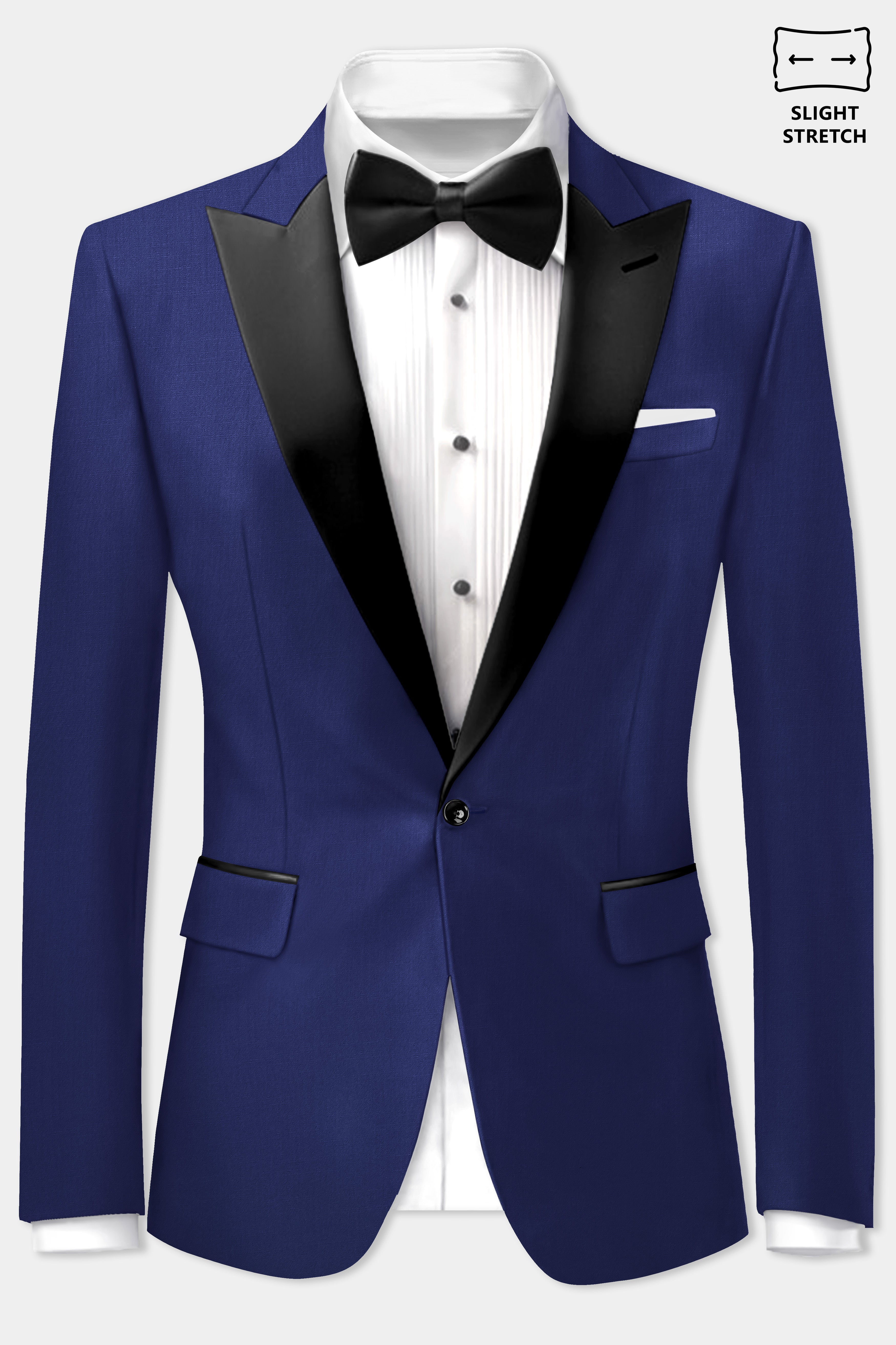 Celestia-Blue Solid Wool Rich Peak Lapel Tuxedo Slight Stretch Blazer