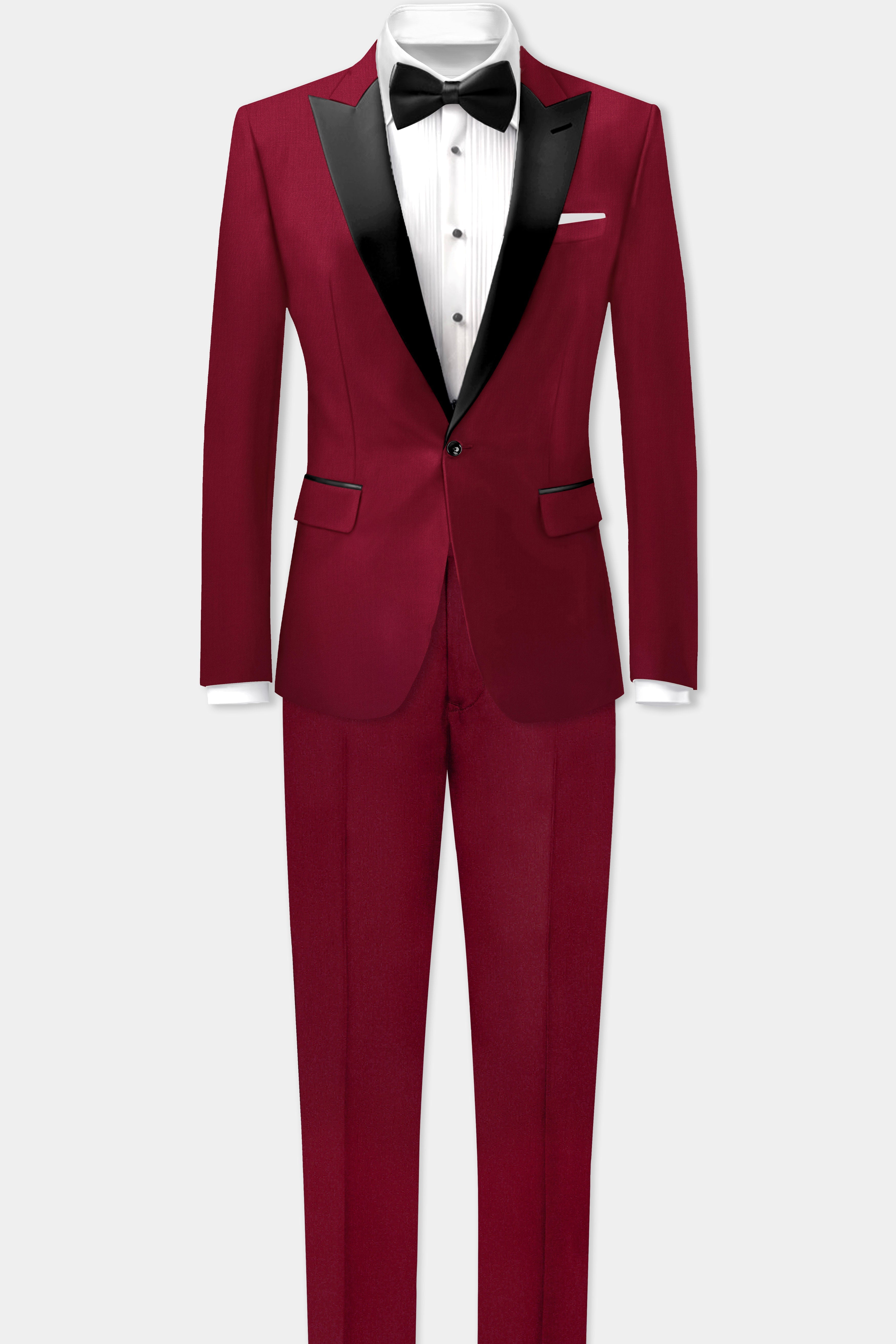 CrimsonAce-Cherry Red Solid Wool Rich Peak Lapel Tuxedo Slight Stretch Blazer