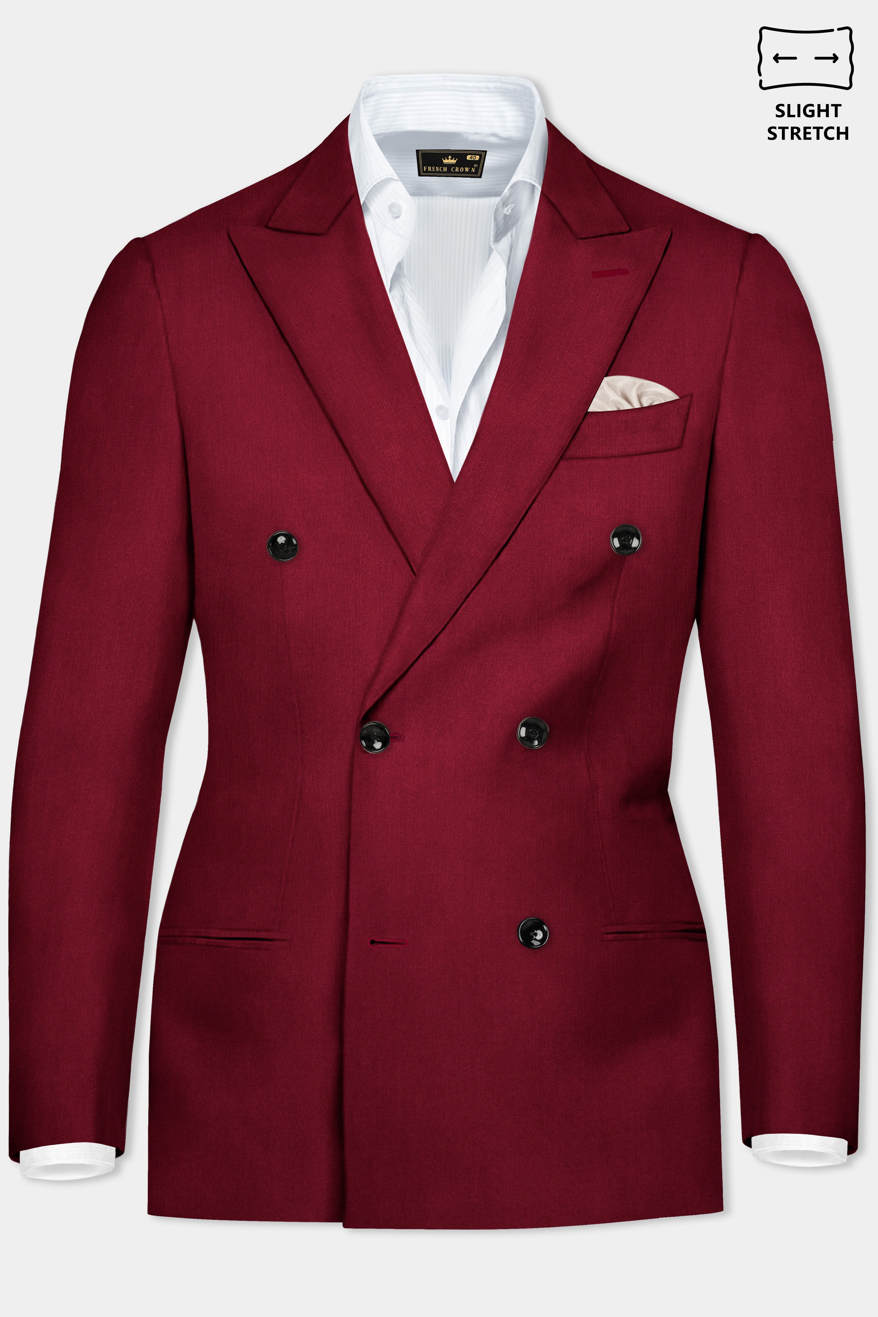 CrimsonAce-Cherry Red Solid Wool Rich Double Breasted Slight Stretch Blazer