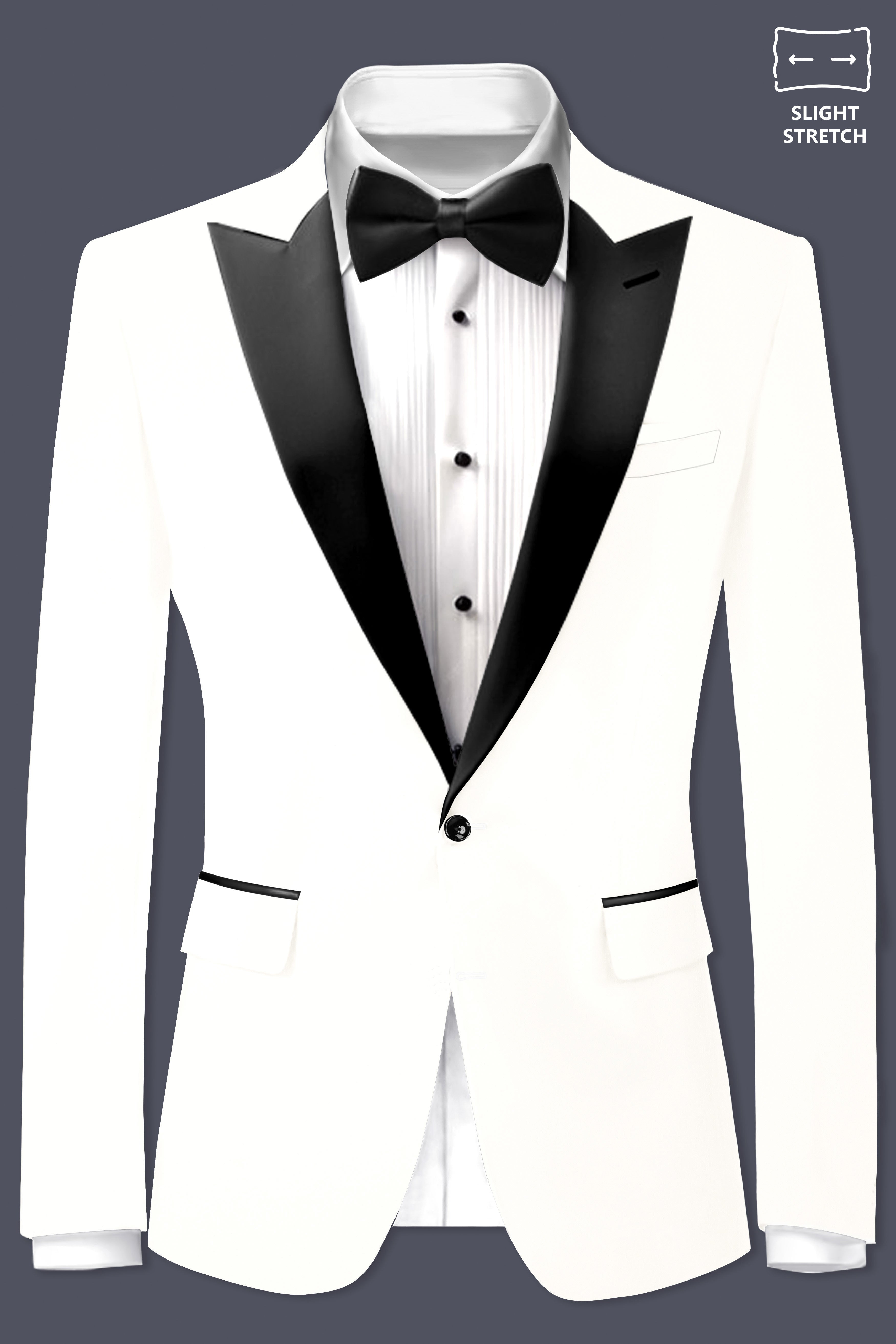 Off White Solid Wool Rich Peak Lapel Tuxedo Slight Stretch Blazer