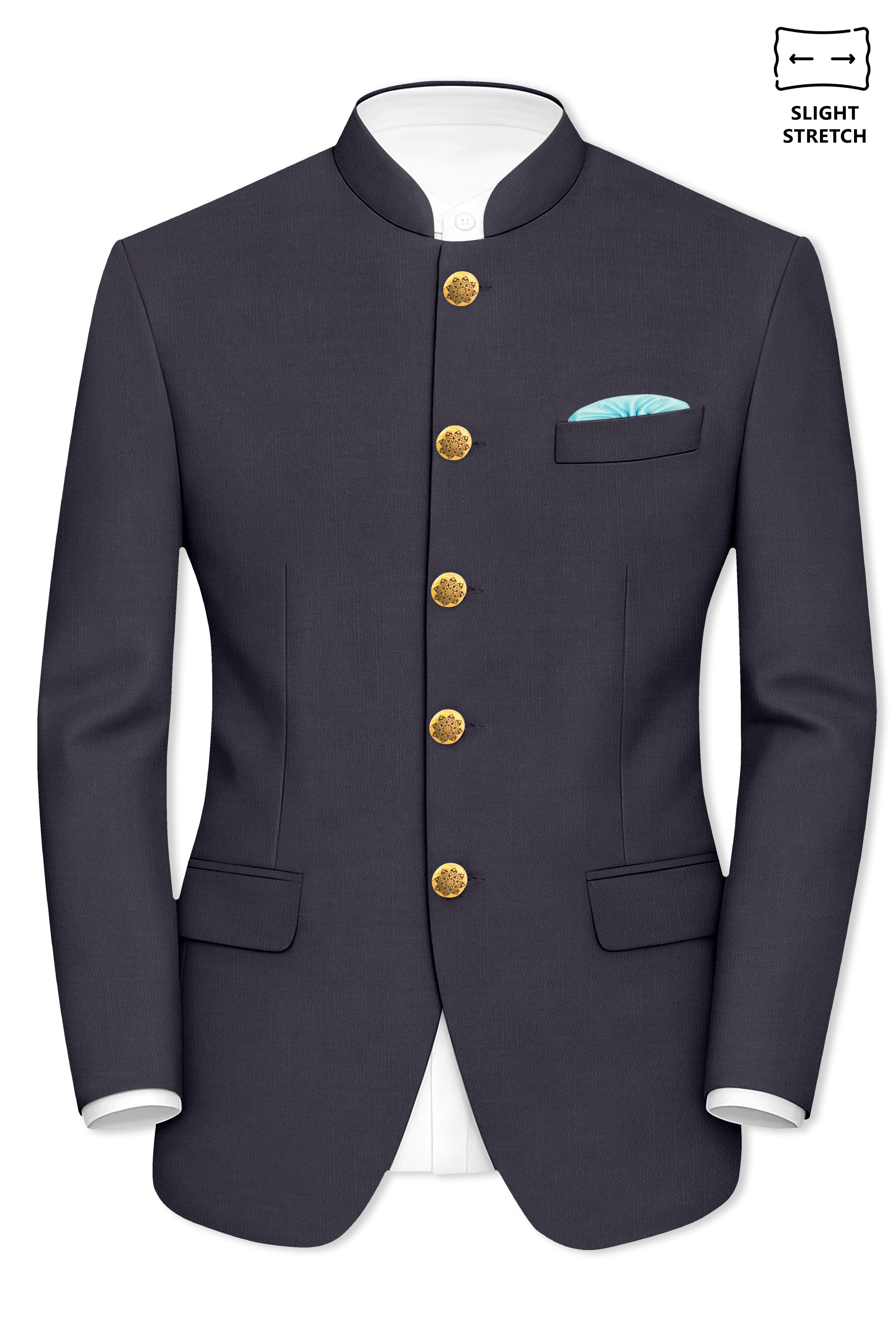 Vogue-Glaucous Gray Solid Wool Rich Bandhgala Slight Stretch Blazer