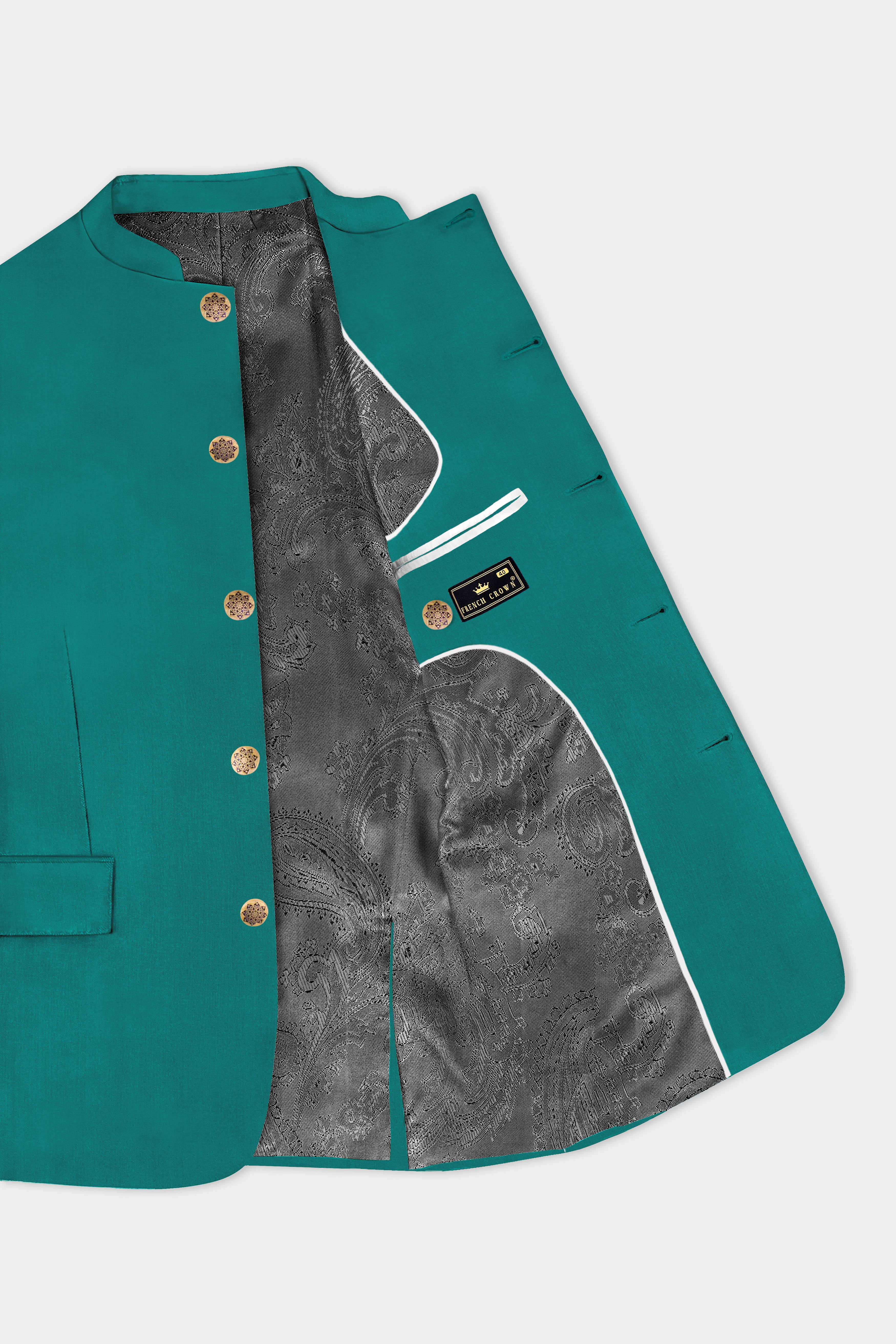 Verdant Classic-Surfie Green Solid Wool Rich Bandhgala Slight Stretch Blazer