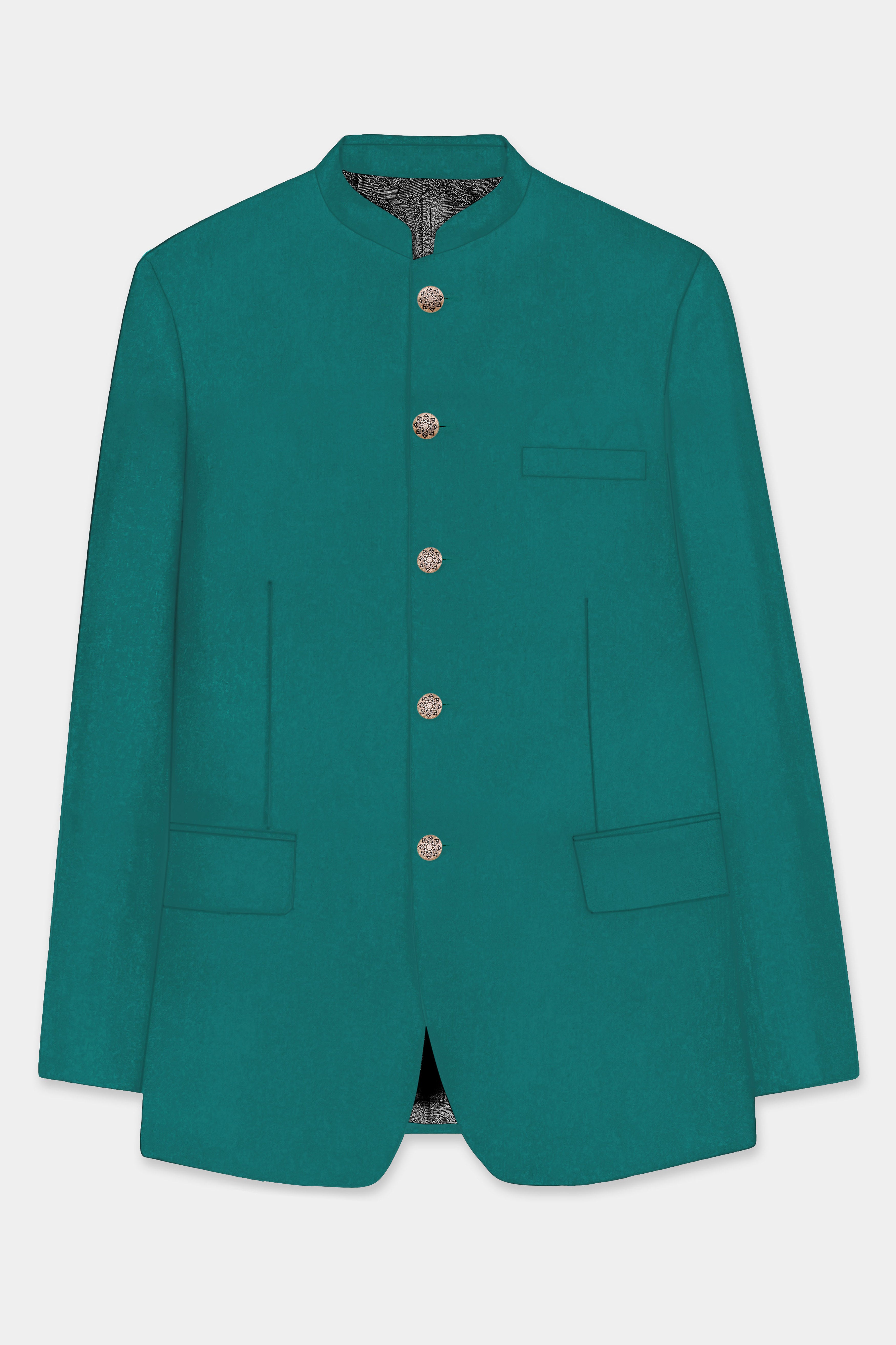 Verdant Classic-Surfie Green Solid Wool Rich Bandhgala Slight Stretch Blazer