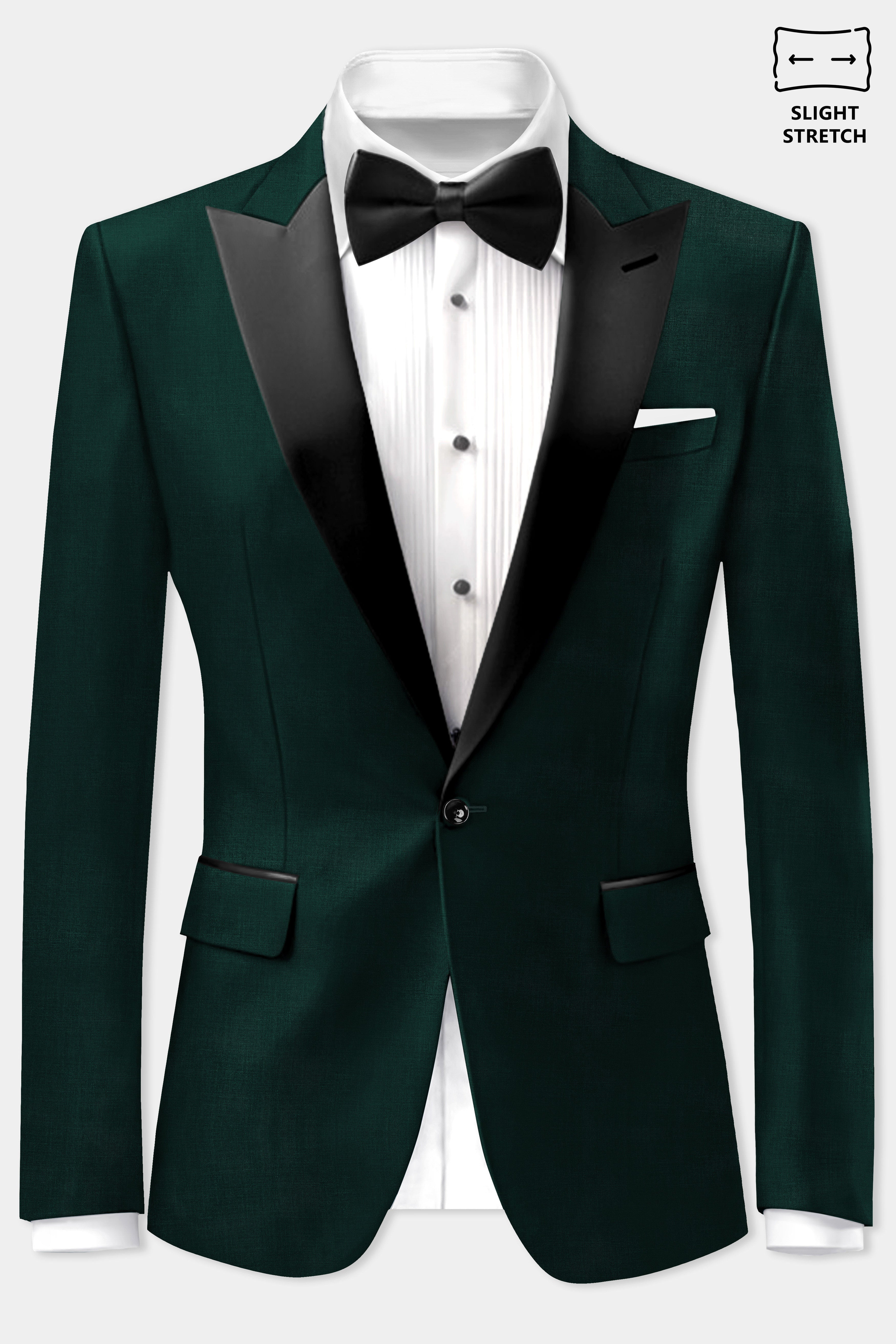 Emerald-Zucchini Green Solid Wool Rich Peak Lapel Tuxedo Slight Stretch Blazer