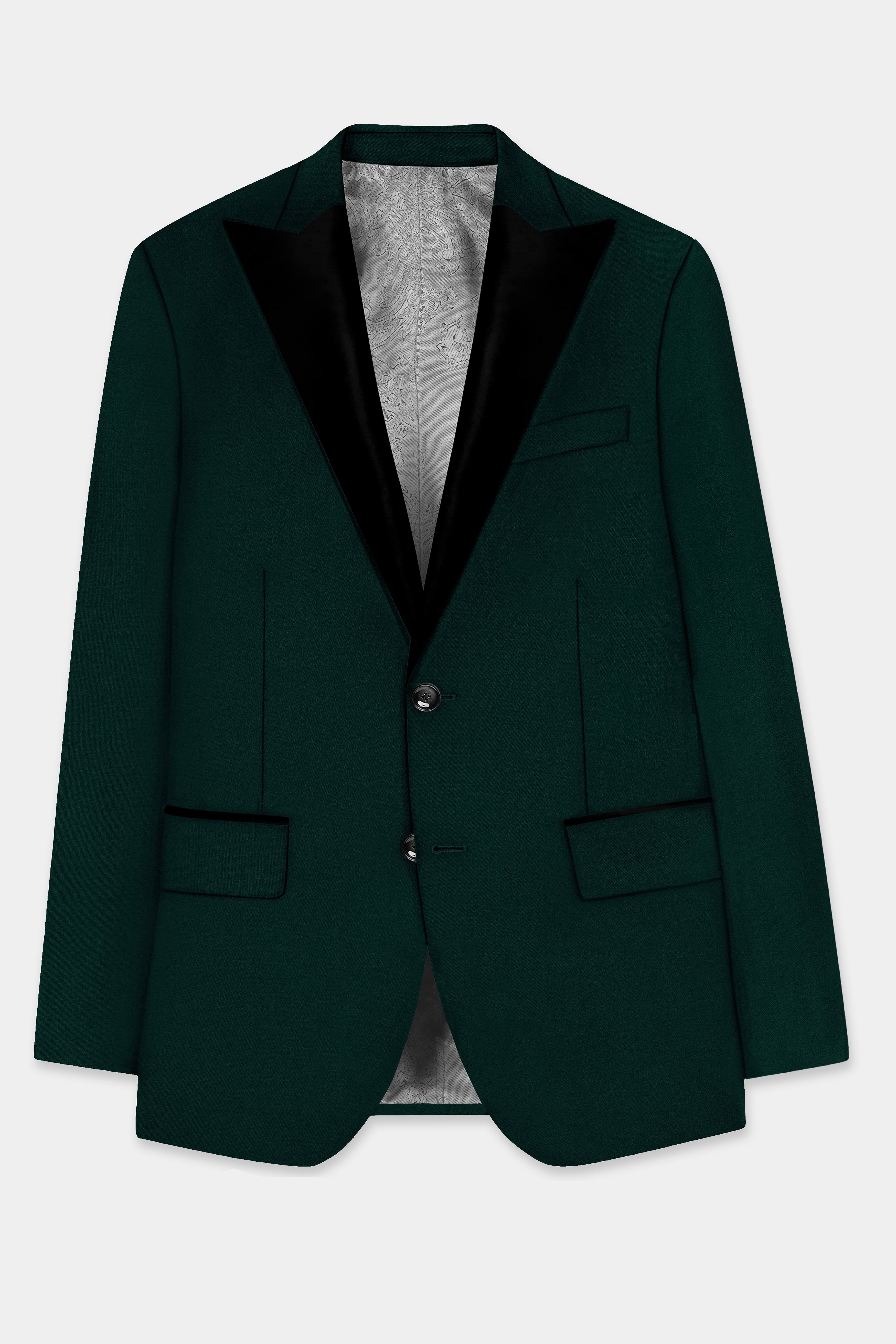 Emerald-Zucchini Green Solid Wool Rich Peak Lapel Tuxedo Slight Stretch Blazer