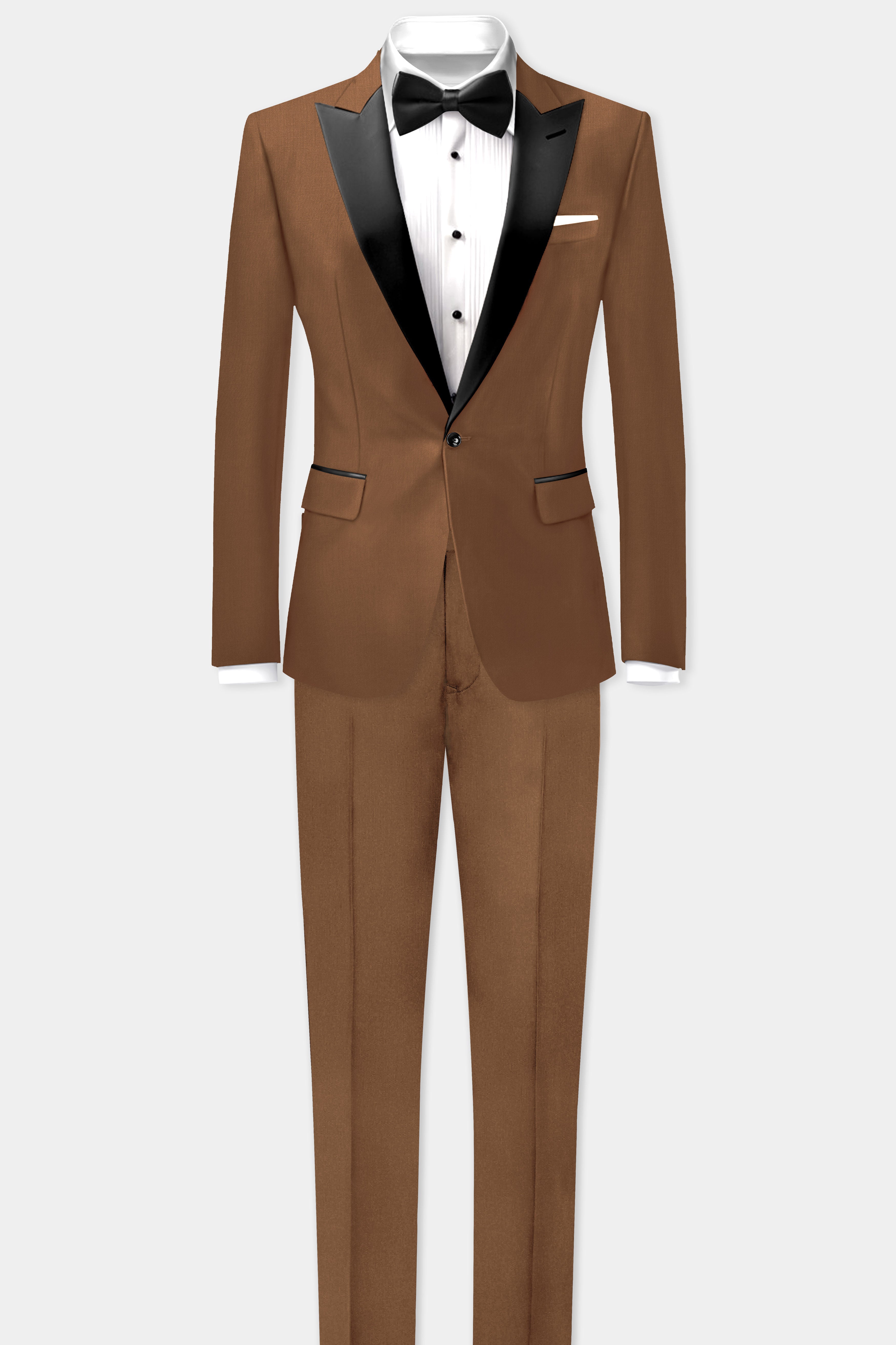 Bronze-Tawny Brown Solid Wool Rich Peak Lapel Tuxedo Slight Stretch Blazer