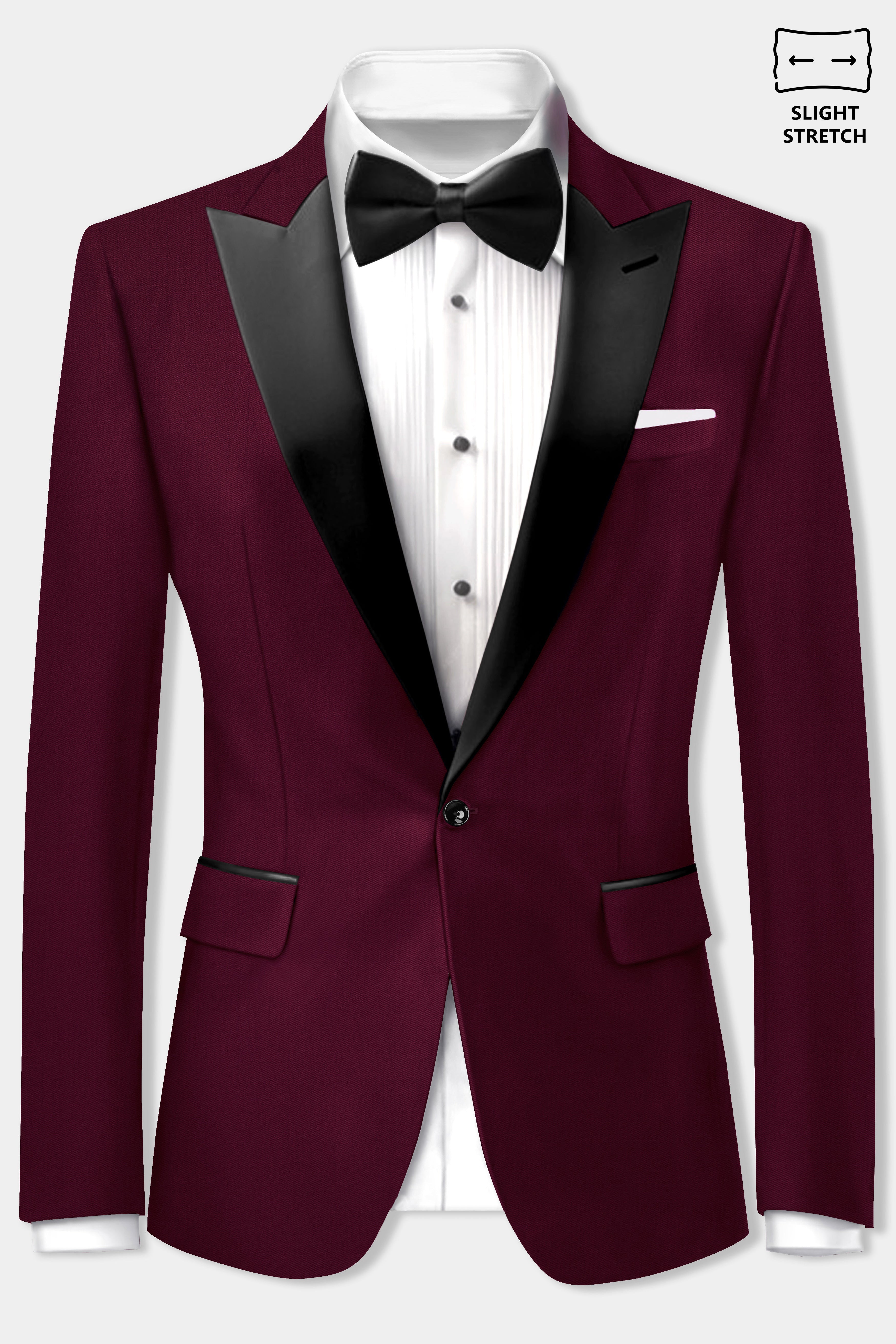 Regal Maroon-Tamarind Solid Wool Rich Peak Lapel Tuxedo Slight Stretch Blazer