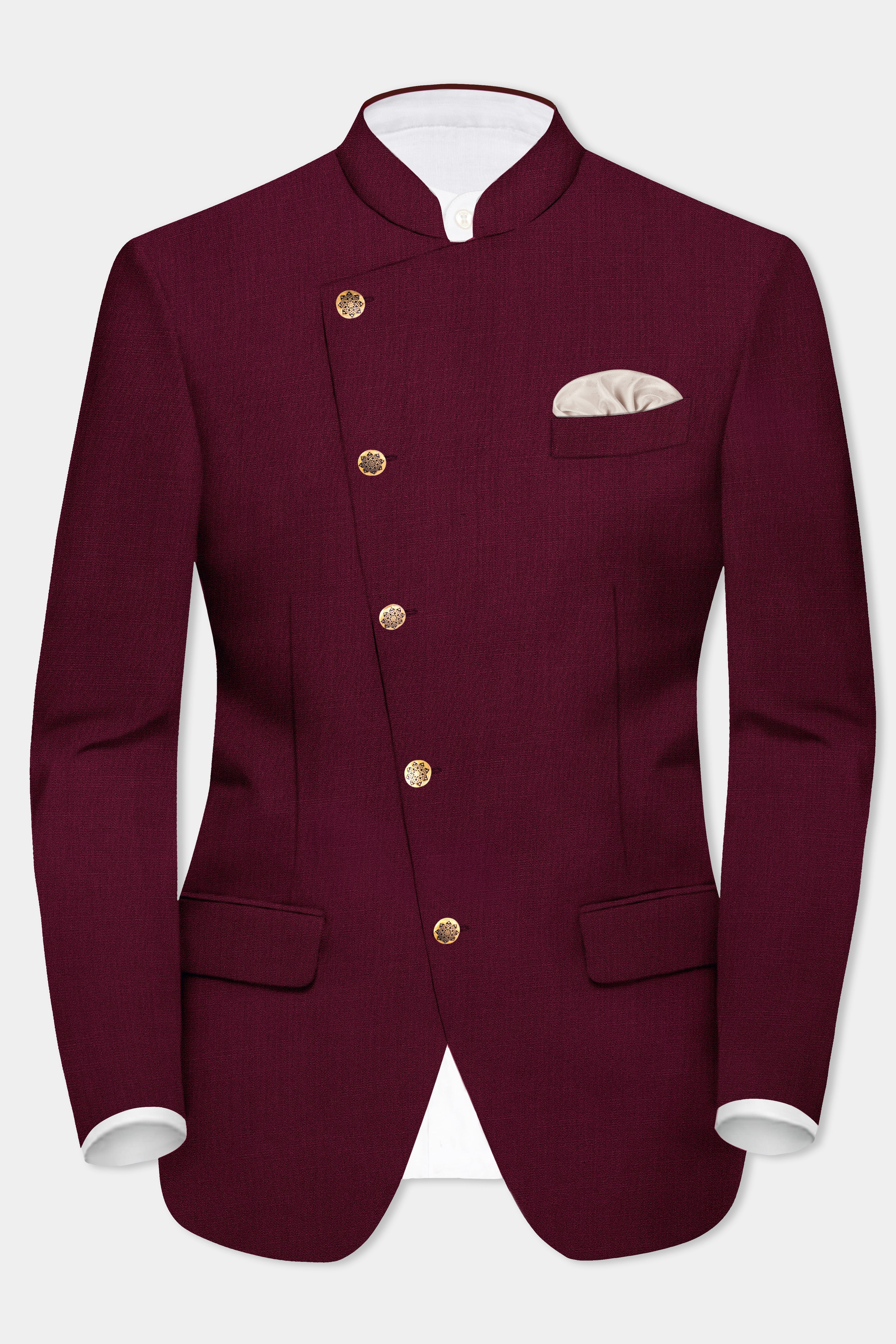 Regal Maroon-Tamarind Solid Wool Rich Cross Placket Bandhgala Stretchable traveler Blazer