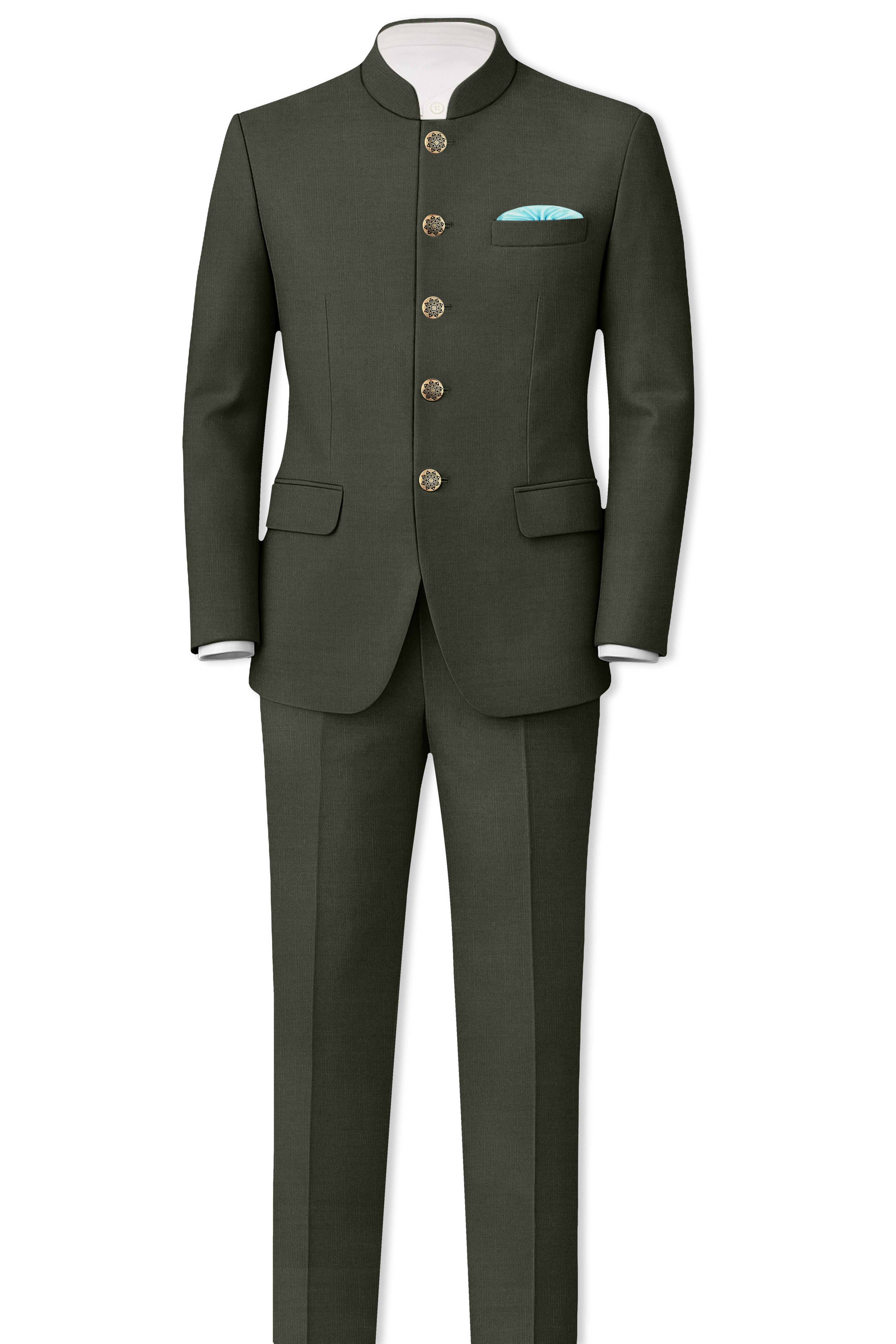 Verdant Majesty-Juniper Green Solid Wool Rich Bandhgala Slight Stretch Blazer